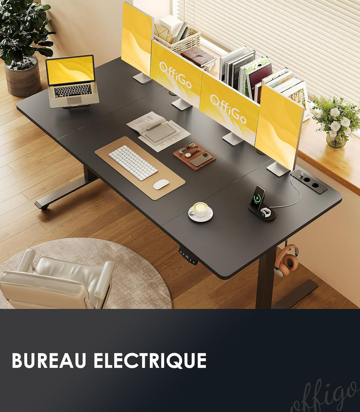 OffiGo Bureau Assis-Debout, 180 cm Elektrisch Bureau met Stopcontacten en USB, Standing Desk met 2 Geheugenstanden, Elektrische Tafel voor Thuis, Zwart
