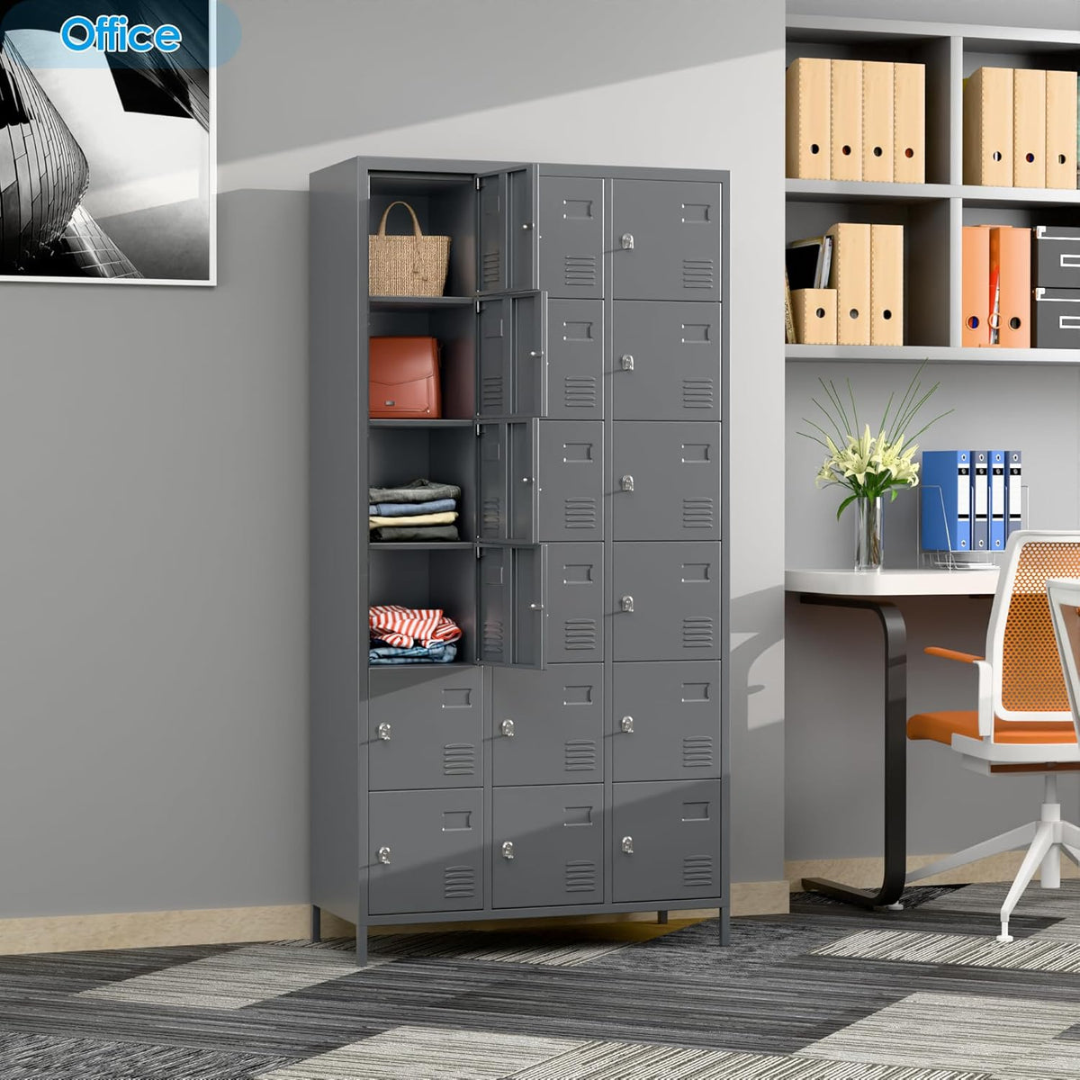 18-Pocket Metal Locker, Metal Wardrobe with Ventilation Slots for Workers, Sports Hall, School, Office (Dark Grey) - QUORE