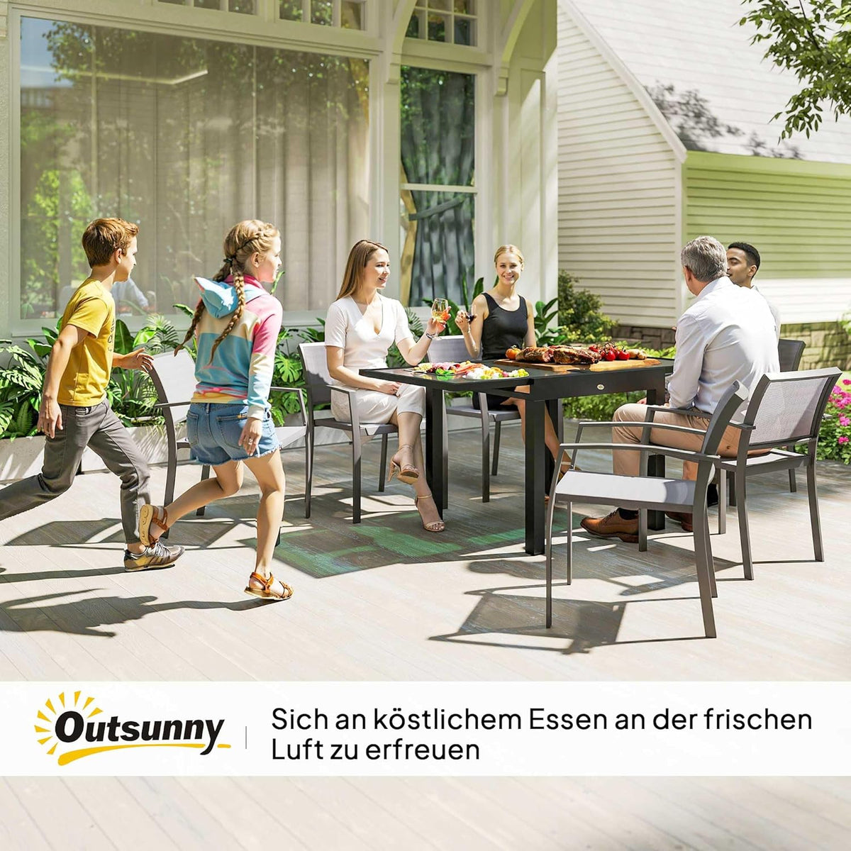 Outsunny Gartentisch ausziehbar Aluminium 160x80cm Wetterfest Buffettisch mit Aluminiumrahmen, rutschfest Campingtisch für 4-6 Persons Balcony für Outdoor Garten Terrasse Balcony Schwarz