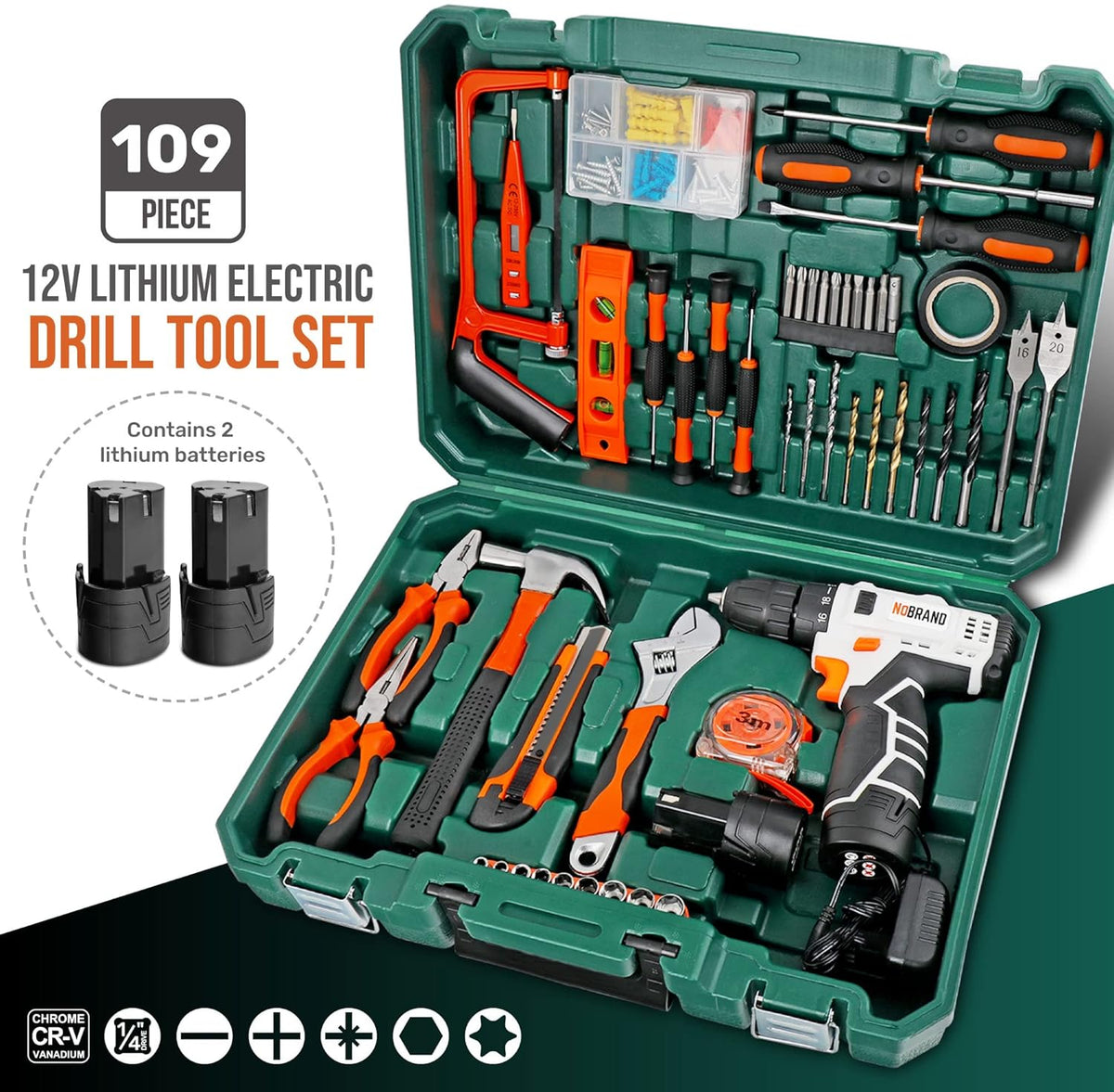 Hi-Spec 109-delige gereedschapsset met 12V accuschroevendraaier, 2 accu's, boren en handgereedschap in een compacte koffer