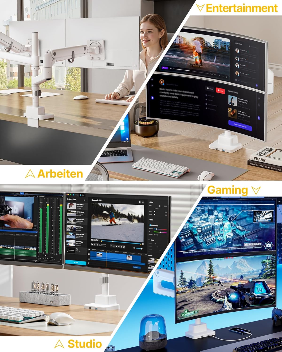 monTEK Dubbele Ultrawide Monitorarm voor 17-57 Inch Schermen tot 27 kg, Aluminium Zware Gasveer Verticale Stapelbare Gebogen Scherm Verstelbare Monitorstandaard, 75/100mm Vesa-bevestiging, Wit