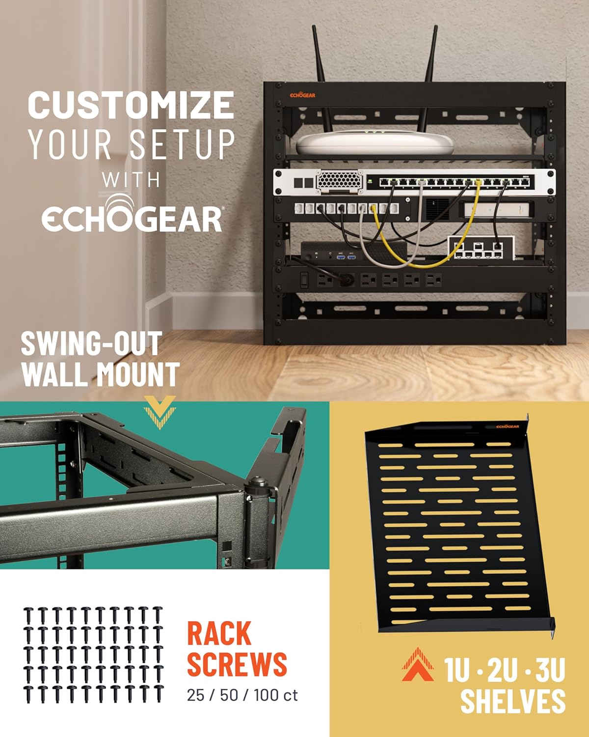 ECHOGEAR 10U Netwerkrek - Wandmonteerbaar Heavy Duty 4-paalontwerp voor al uw netwerk- en AV-apparatuur - Open frame-ontwerp omvat 2 1U geventileerde planken en montagehardware