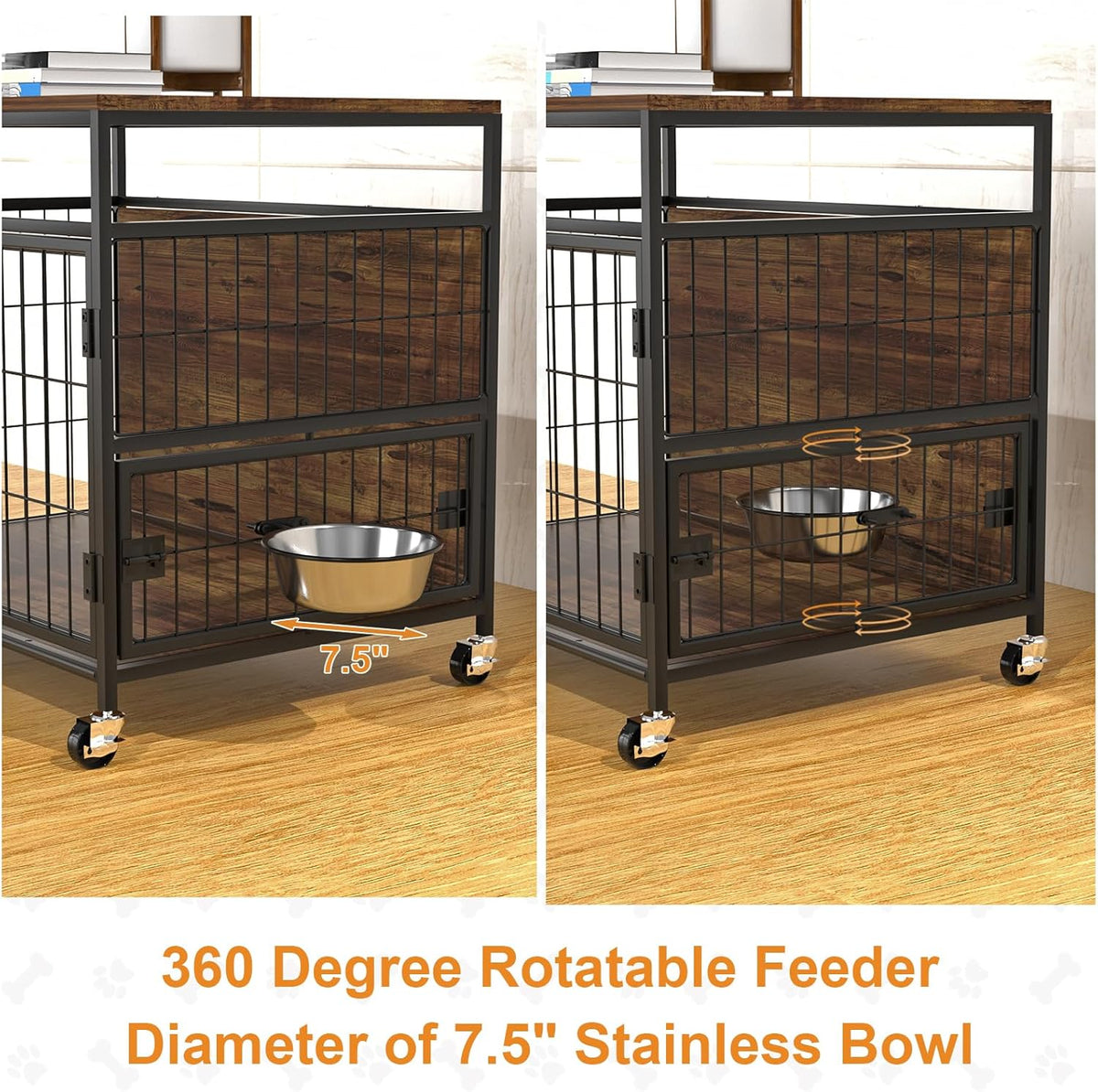 Hondenkooi met wielen, robuuste bijzettafel van hout, hondenbox voor binnen voor kleine, middelgrote honden, dubbele deuren en 360 graden draaibare roestvrijstalen bak, 78,9 cm l x 54,8 x 69,8 H