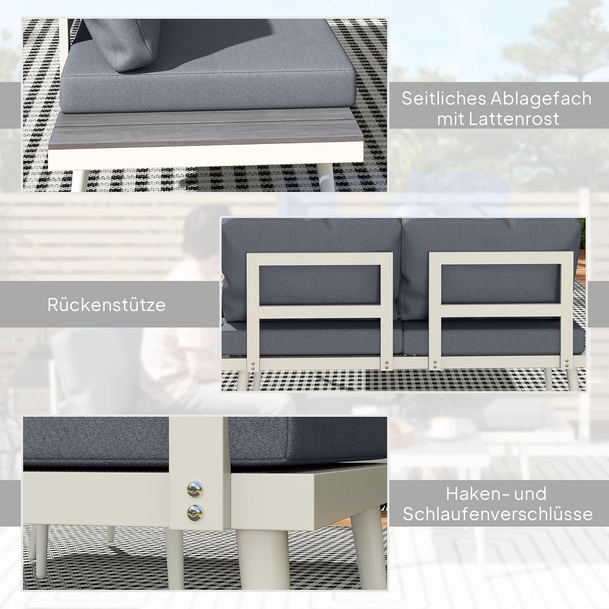 Outsunny Gartenmöbel Set 4 Persons wetterfest Balkonmöbel-Set mit 2er Sofa, Kissen Beistelltisch Stahl Outdoor Sitzgruppe Terrassenmöbel Gartengarnitur Gartenlounge für Garten Terrasse Grau