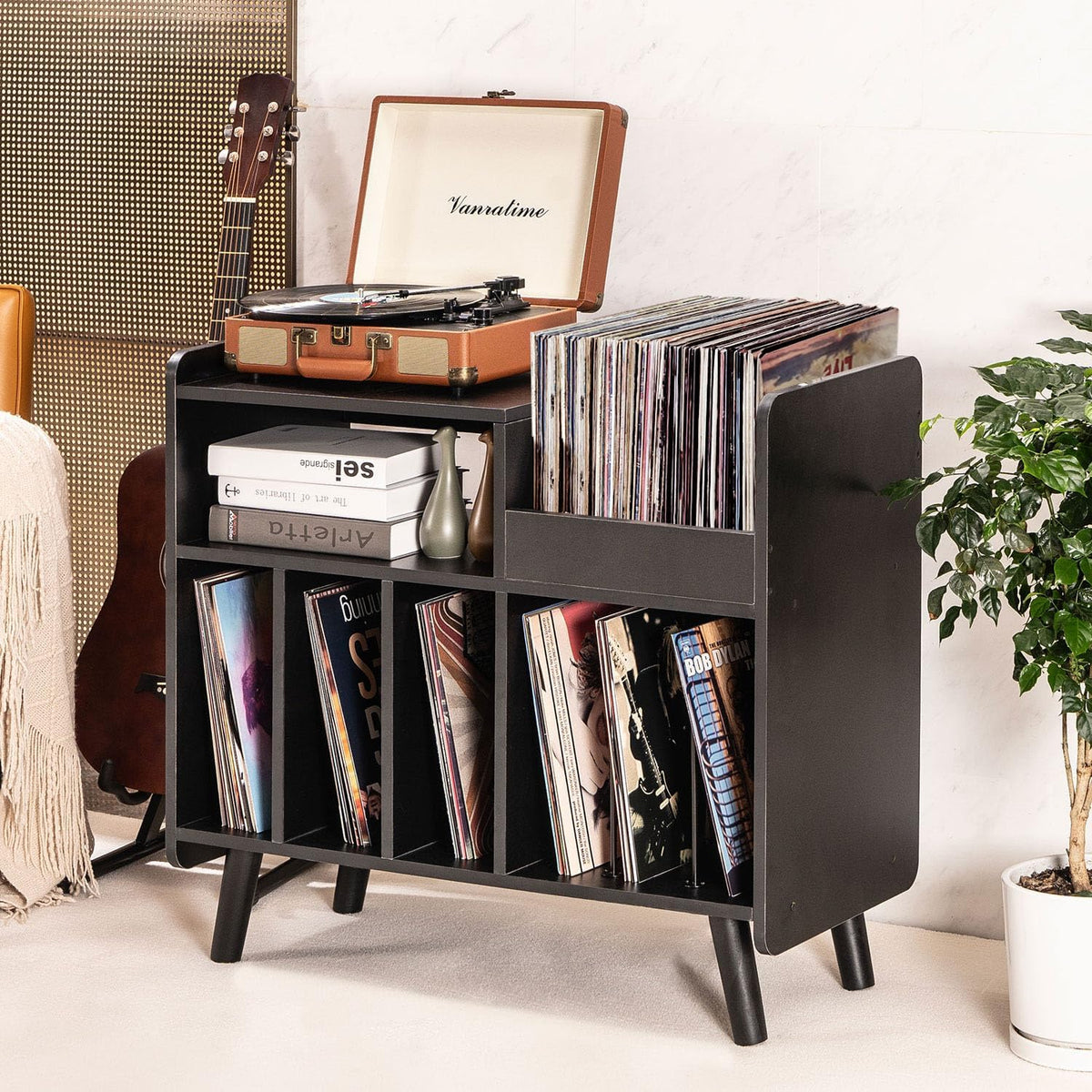 Mid-Century Record Player Stand with Vinyl Storage for Up to 350+ Albums, Vinyl Record Cabinet with Adjustable Shelves, (Black)