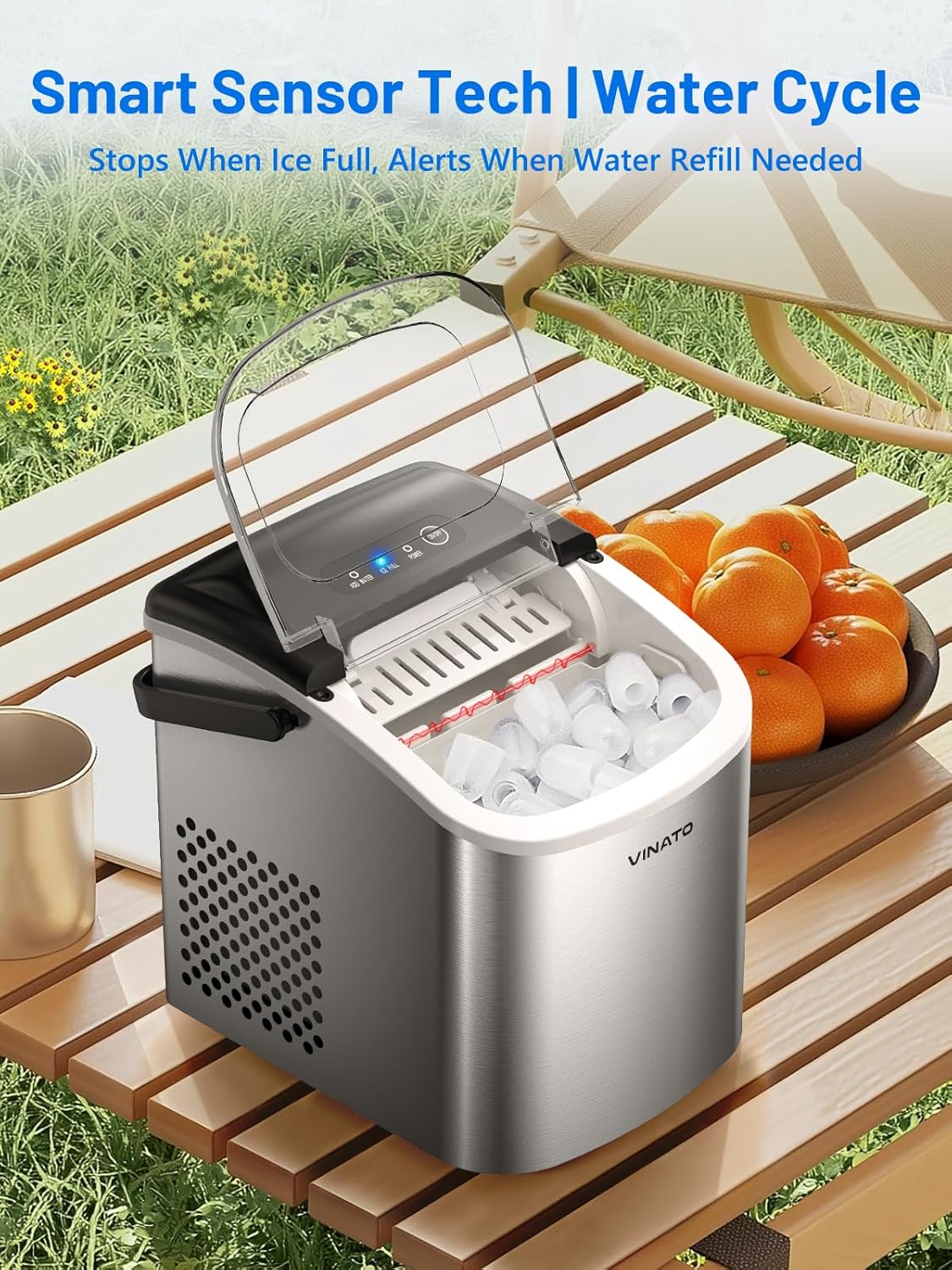 VINATO IJsmachine, kleine ijsmachine, 9 ijsblokjes in slechts 6-8 minuten, ijsmachine 12 kg/24 uur, draagbare ijsmachine voor keuken, bar, camping