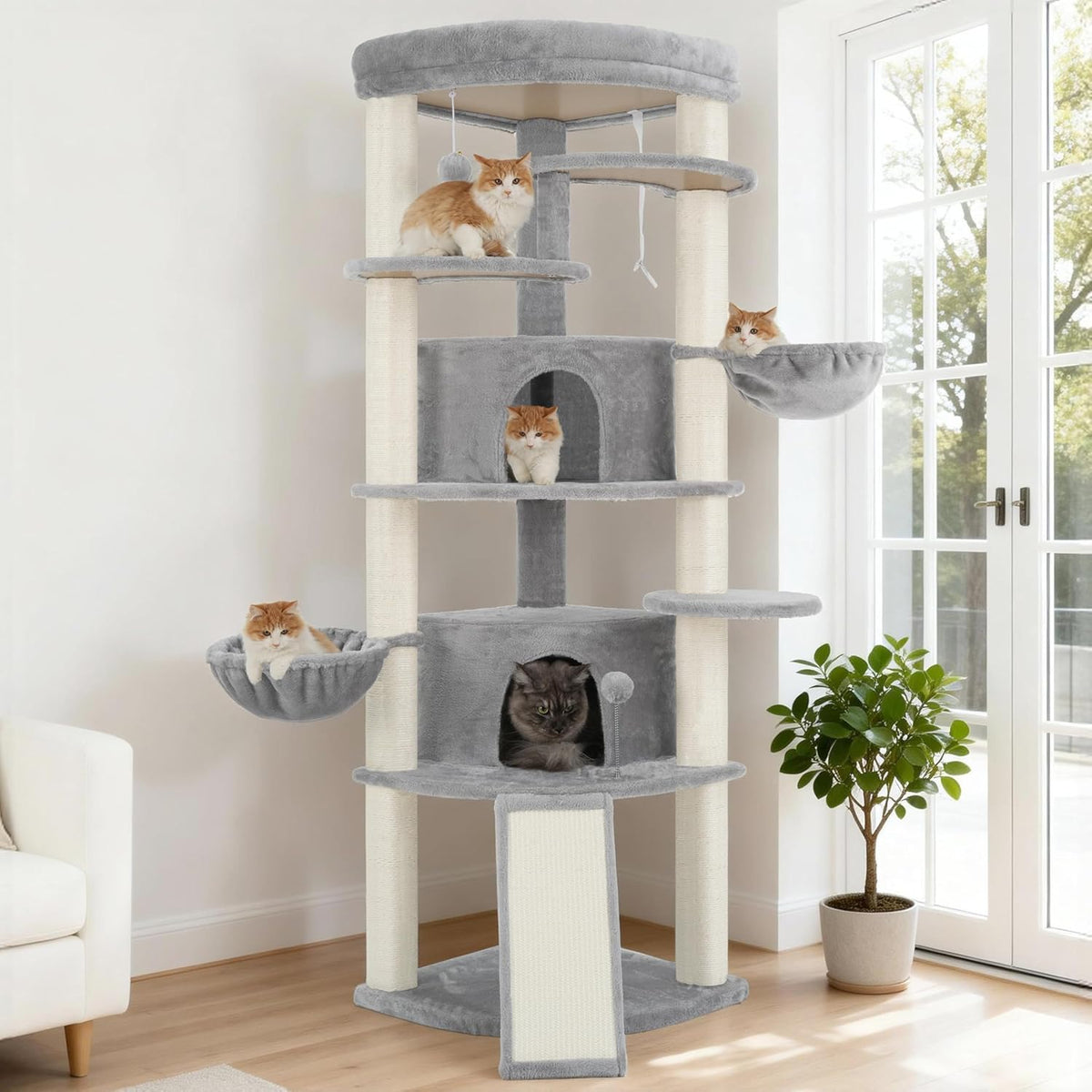Corner Cat Tree for Indoor Cats, Cat Tower with All Sisal Scratching Posts, Multi-level Cat Condo wth 2 Large Cat Caves, Big Top Perch, 2 Hanging Baskets, Sisal Ramp, Light Gray GCT035W