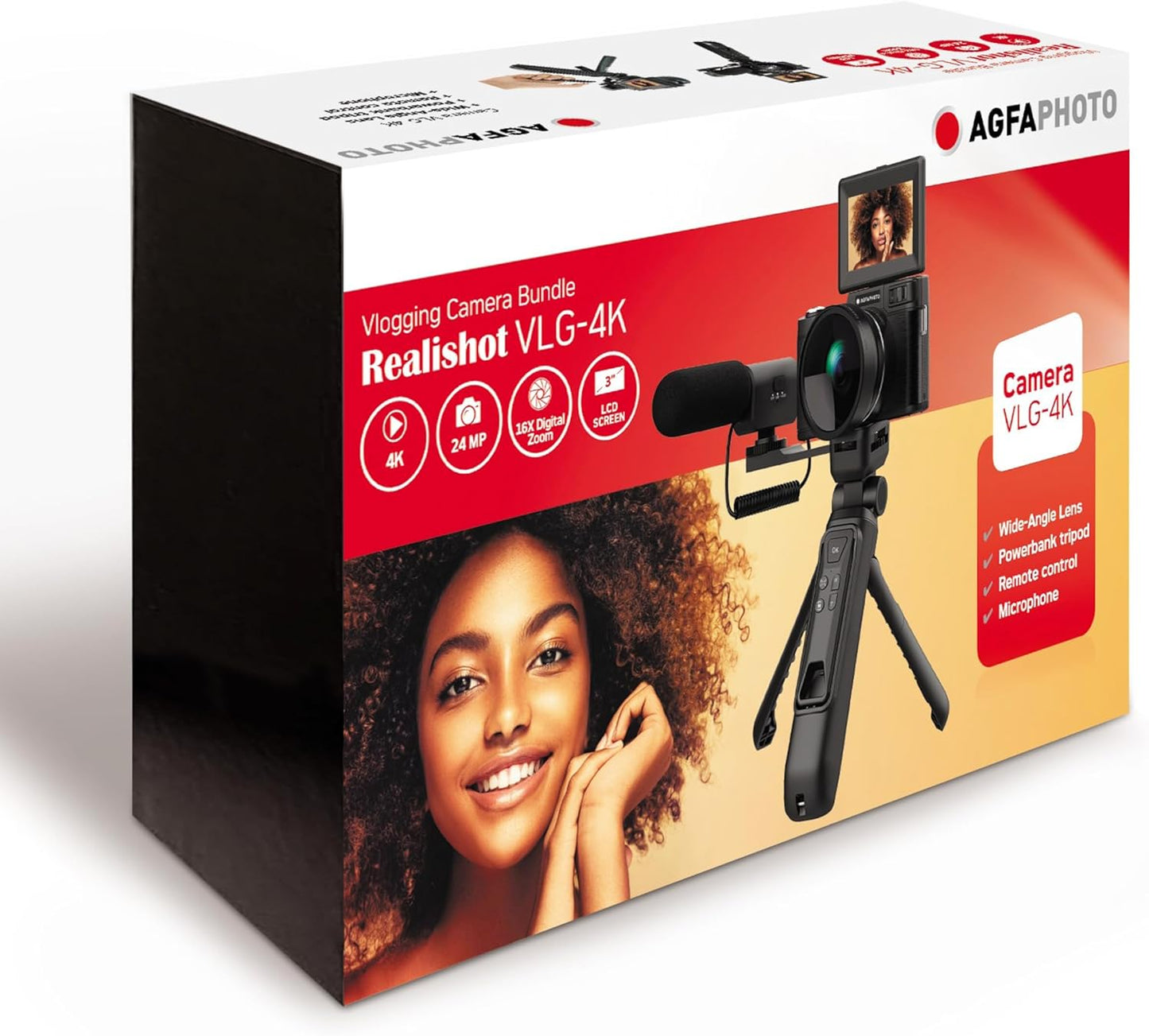 AgfaPhoto Realishot VLG-4K Vlogging-kit, 24 MP camera, 4K video, 3 inch LCD-display, 16 x digitale zoom, CMOS-sensor, lithiumbatterij, zwart