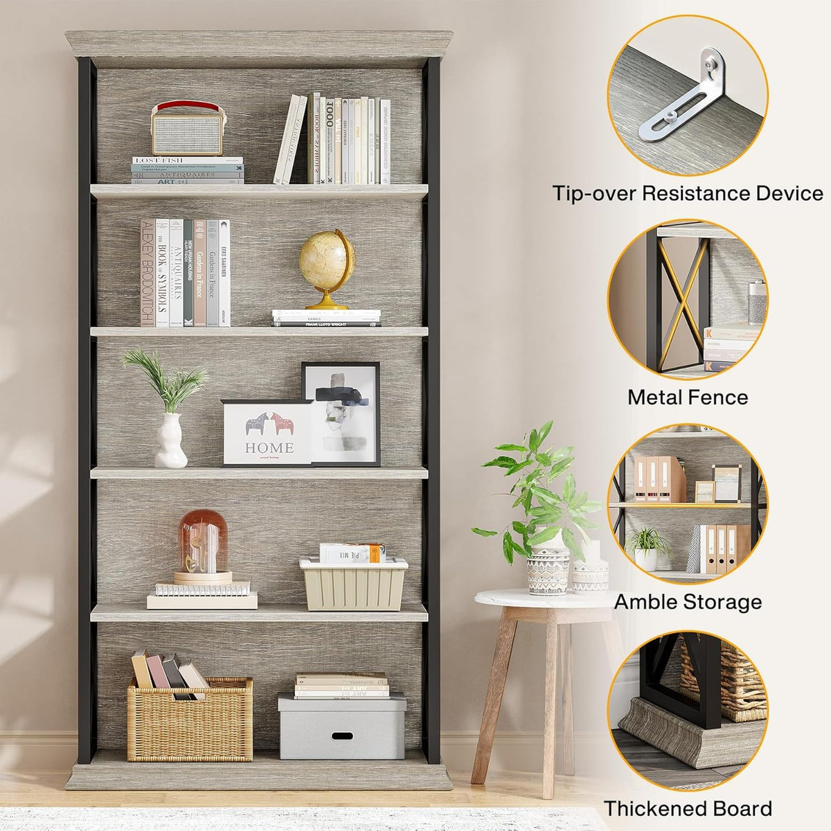 Tribesigns Bookcase, 6 Floors, 180 cm, Industrial Style, Freestanding, 5 Shelves, Tall Bookcase for Home Office, Living Room, Bedroom, Grey