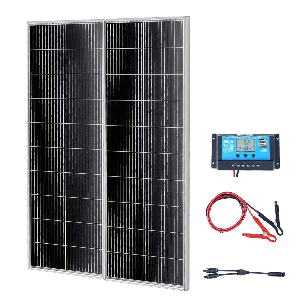 VEVOR 200 W zonnepaneel, set van 2 12 V monokristallijn zonnepaneel plus laadregelaar, 16,66 A zonne-installatie, omzettingssnelheid van 23%, compatibel met AGM-, GEL-, FLD-, LI-batterijen, ideaal