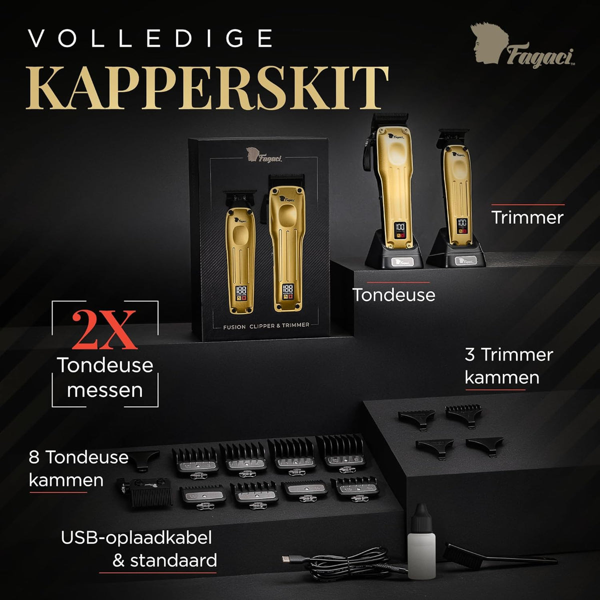 Fagaci Professionele Tondeuse voor Mannen met Superieure Precisie, Borstelloze Motor Kappers Tondeuse en Trimmer Set, 5X Langere Scherpte, Draadloze Haarknipset voor Kappers