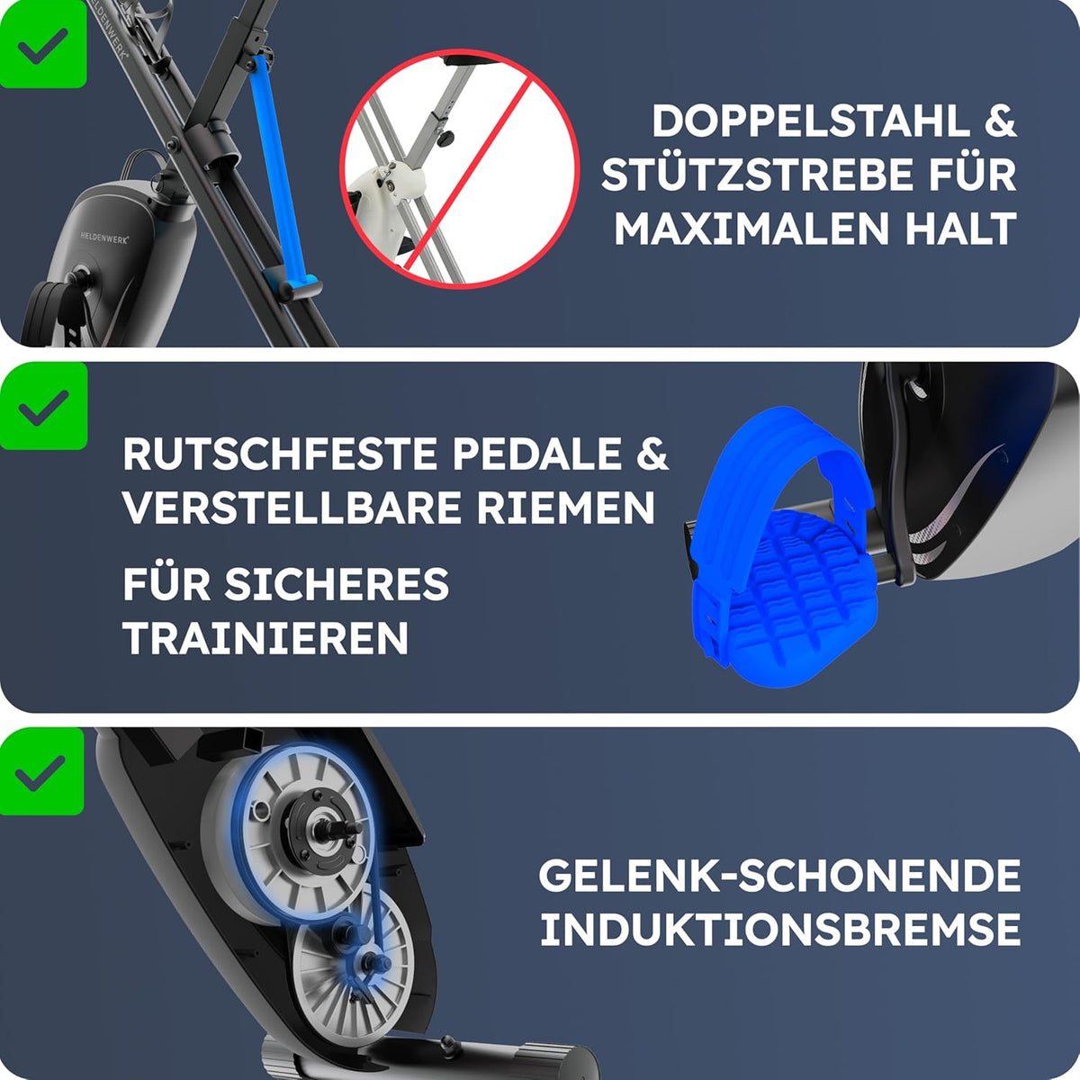 HELDENWERK FlexiFoam Hometrainer, inklapbaar, extra comfortabel en stil, tot 150 kg belastbaar, ergometer, hometrainer, ergometer, hometrainer, senioren, fitnessbikes, home trainer