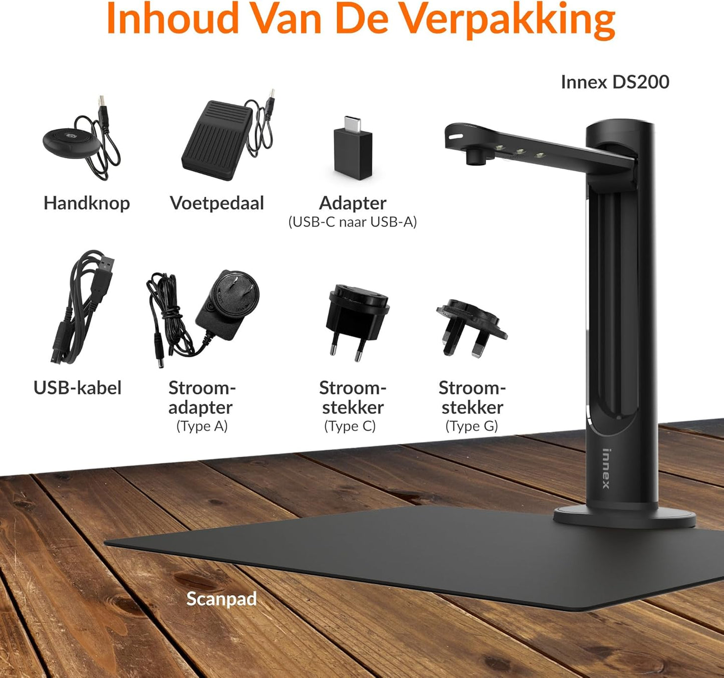 Innex DS200 USB-boekscanner, 26MP, A3-documentenscan, OCR 120+ talen, auto-vlak & uitlijnen, vingerverwijdering, microfoon & LED, handknop & voetpedaal, Win/MacOS