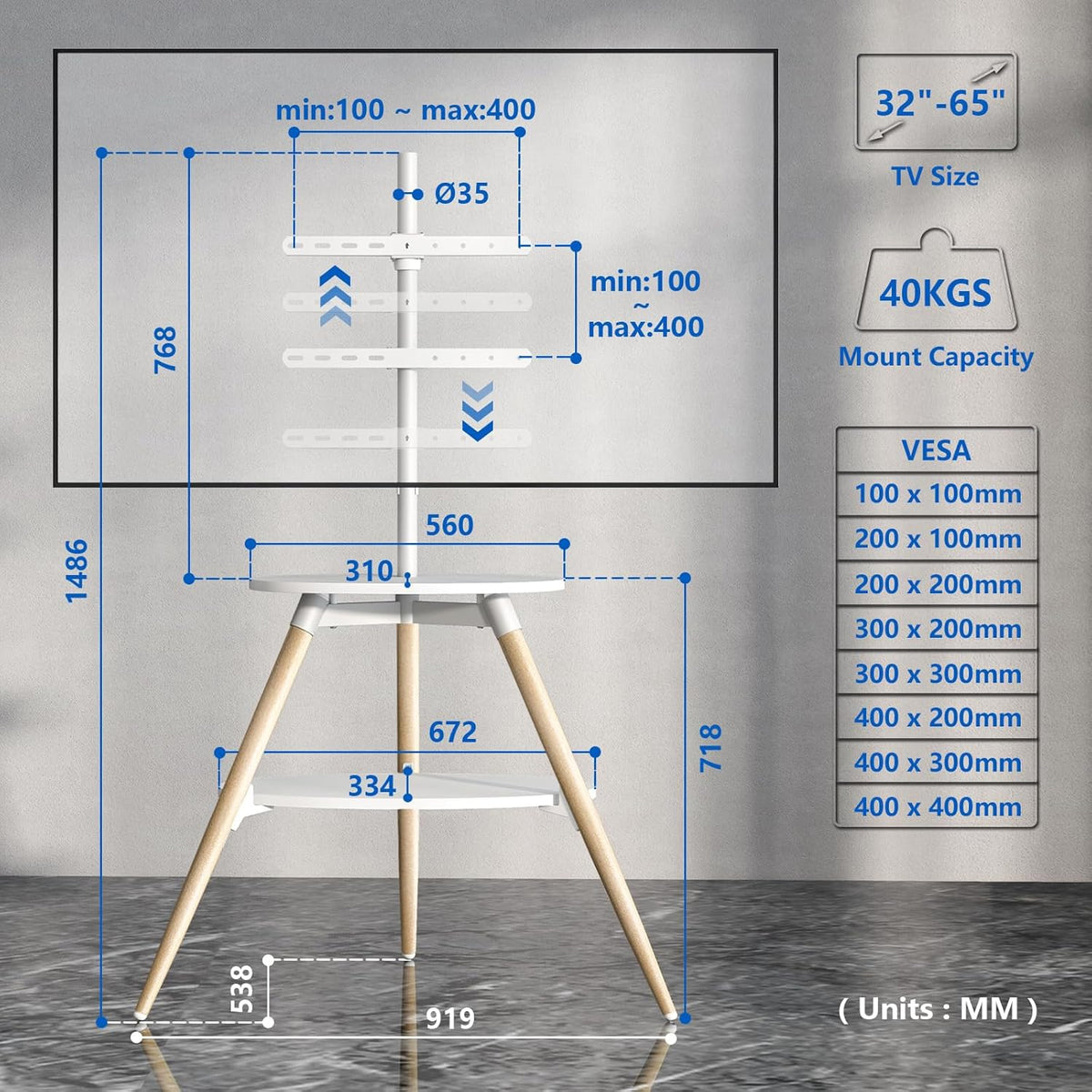 5Rcom Statief ezel tv-standaard met 2 planken draaibaar en in hoogte verstelbaar houten tv-vloerstandaard voor 32-65 inch LED LCD OLED-scherm Max VESA 400x400 mm Max belasting 40 kg wit