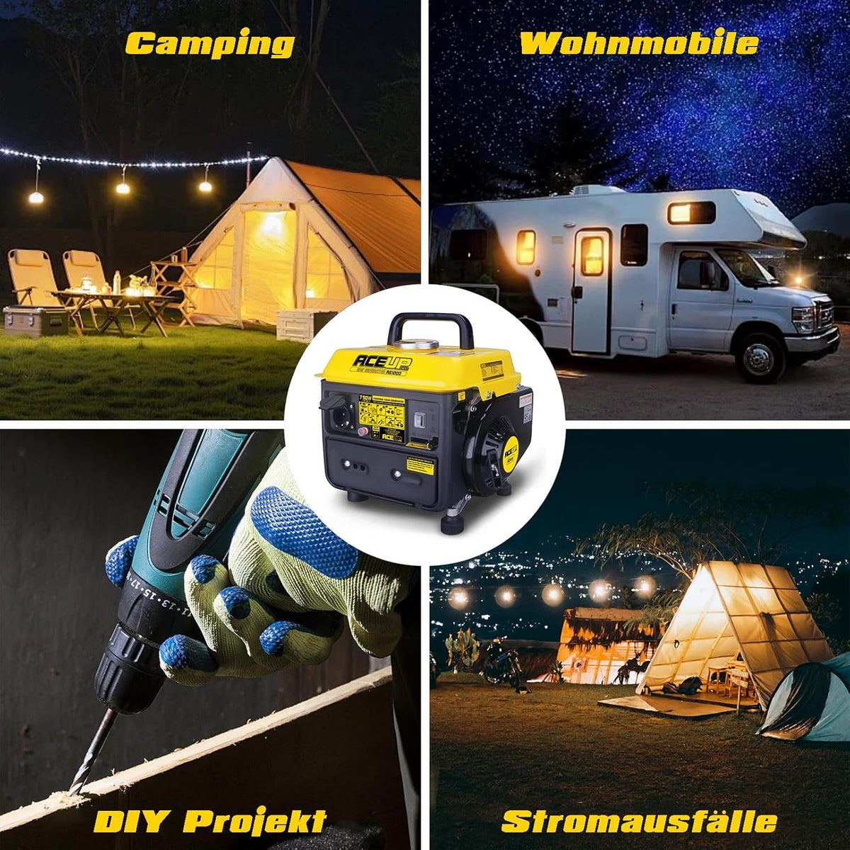 Aceup Energy 750 W stroomgenerator, benzine, draagbaar, ultralicht, met 230 V stopcontact voor camping