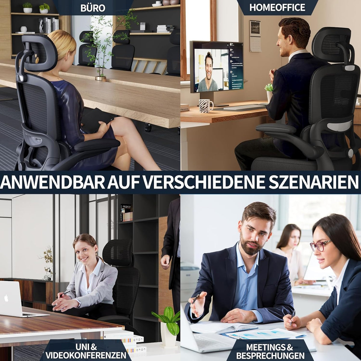 TRALT Bureaustoel, ergonomisch, bureaustoel met verstelbare lendensteun, hoofdsteun, gamingstoel, kantoorstoel, ergonomisch, 150 kg, voor grote mensen, zwart