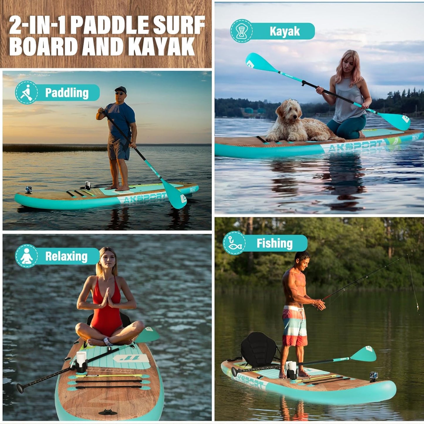 AKSPORT Opblaasbaar stand-up paddleboard, opblaasbaar SUP-board met alle accessoires, breed stabiel design, antislip deck, paddleboard voor jongeren en volwassenen