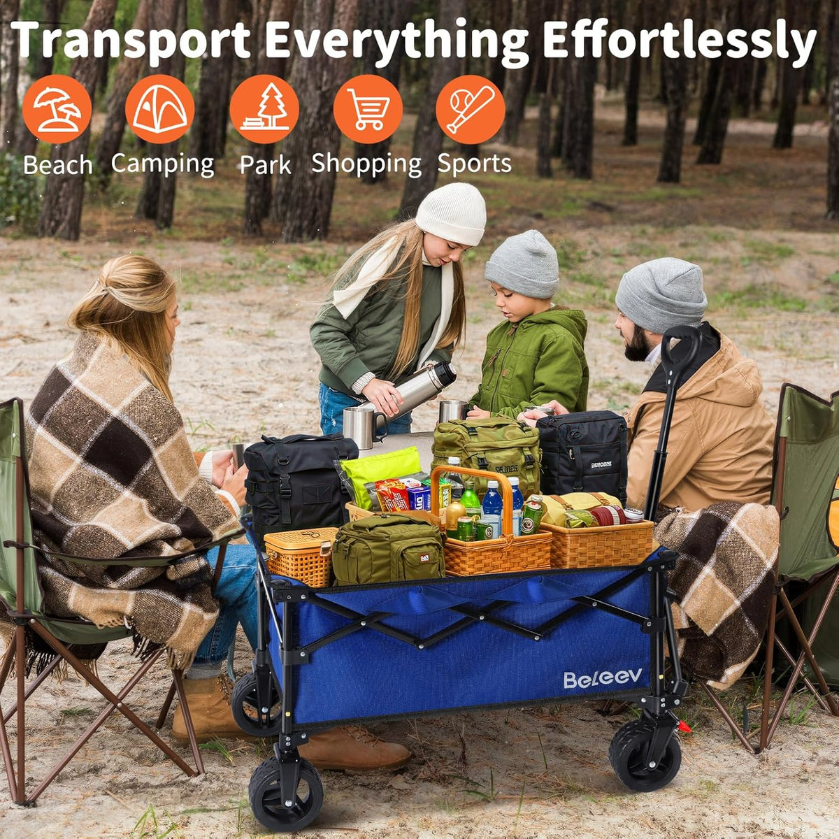 BELEEV Inklapbare Handwagen, Zware Klasse All-Terrain Handwagen met 6in Grote All-Terreinwielen, 130L Grote Capaciteit, Zijzakken & Drankhouders voor Strand Tuin Camping Sport Winkelen -Blue