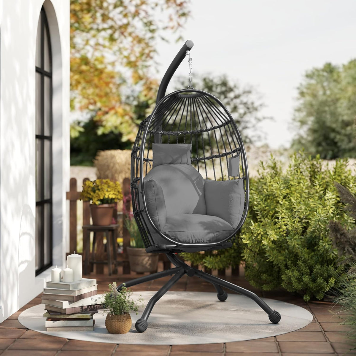 Outsunny Eshaped Outdoor Hanging Chair Folding Hanging Swing with Cup Holder, Removable Washable Seat Frame Hammock for 1 Person Swing Chair for Patio Garden Black - QUORE