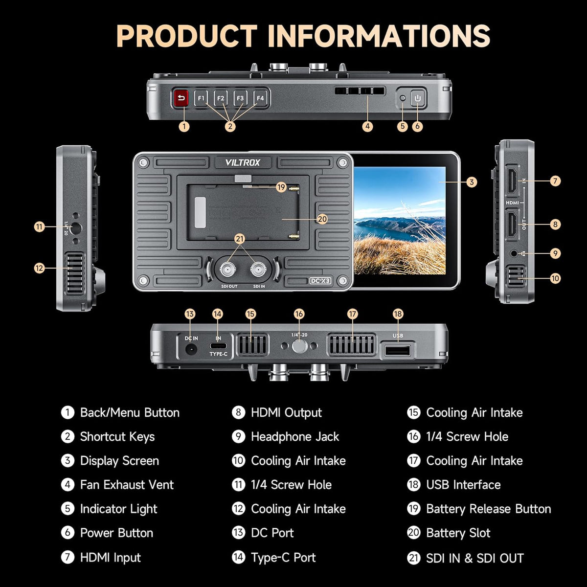 VILTROX DC-X3 2000 Nits SDI Camera Field Monitor Kit met Rig Cage, 4K HDMI 6 Inch Touchscreen DSLR Camera Video Monitor met Zonbescherming / Batterij, 3D Lut 1920x1080 HD Full Waveform Focus Peaking