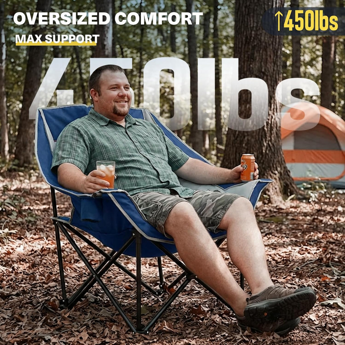 Extra grote XL campingstoel voor volwassenen, zwaar belastbaar, 204 kg ondersteuning, gewatteerde opvouwbare gazonstoelen met zijvak, bekerhouder, koeltas voor buitensporten, tuin, strand