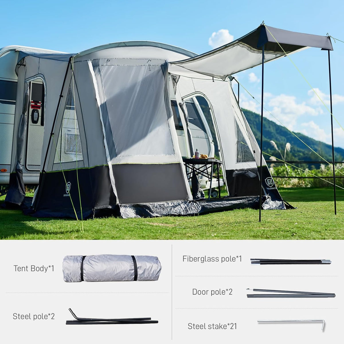 EVER ADVANCED voortent caravan 350x260x245cm voor camper met 2 ramen zijdeur, grotere deur dan dak, reisvoortent PU 3000mm waterdicht geschikt voor reizen, familie samen, kamperen