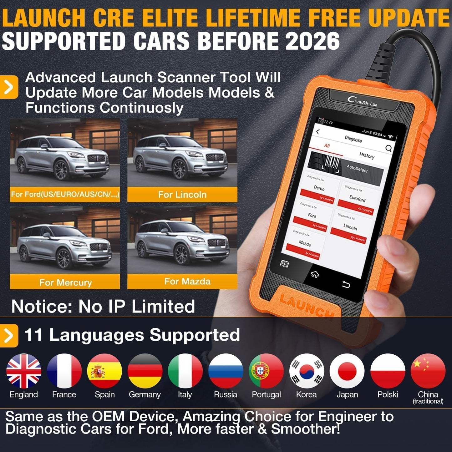LAUNCH Creader Elite OBD2 voor Ford/voor Lincoln/voor Mercury/voor Mazda Diagnostisch Hulpprogramma, Actieve Test, ECU-Codering, 31 + Herstel Diensten