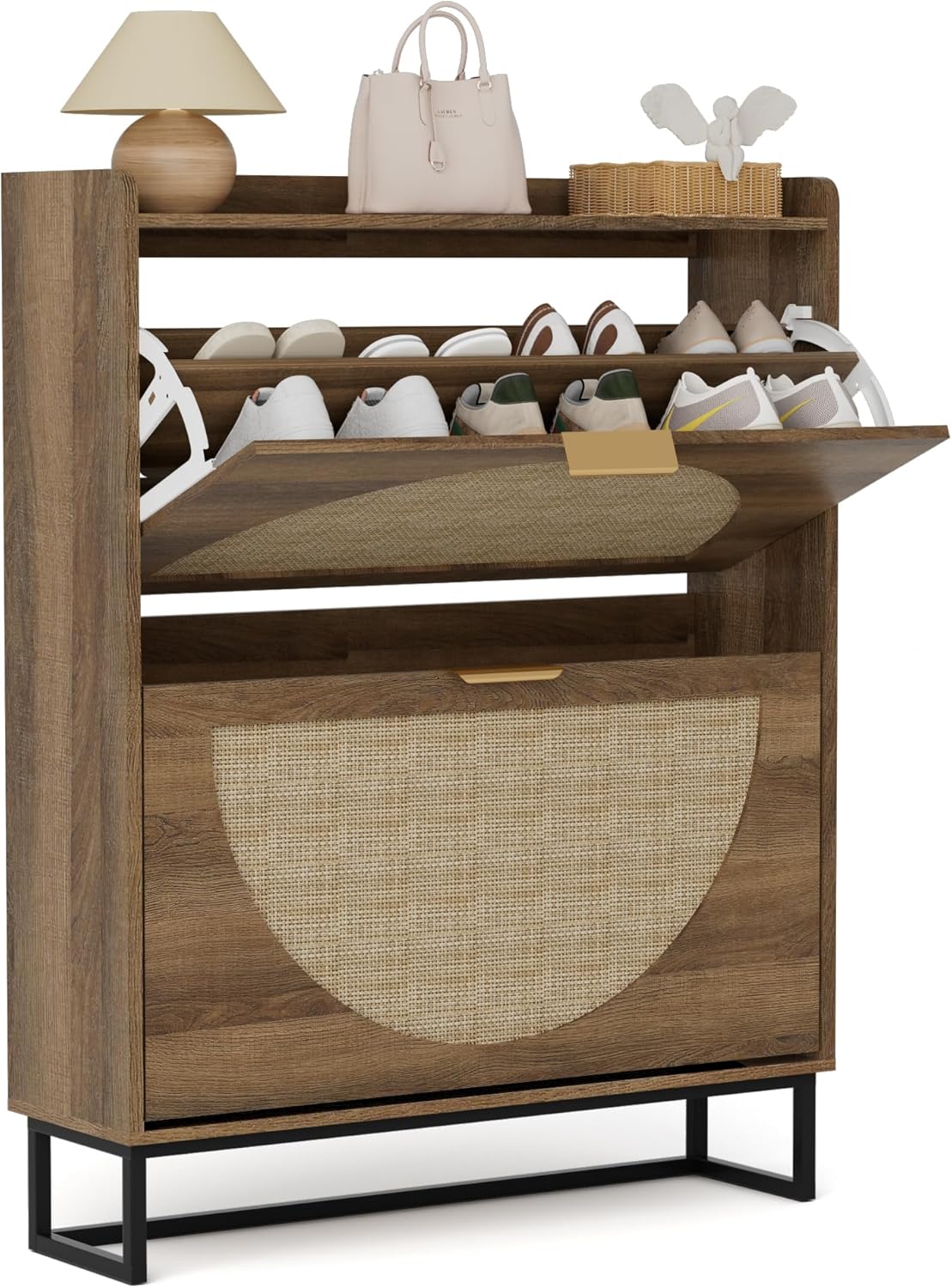 Schoenenkast Smal, Schoenrek met 2 Kleppen, Schoenkipper met Verstelbaar, Schoenopslag Hout, Schoenenplank Schoencommode voor Entree, Woonkamer, Hal, 80x24x102 cm, Rattan