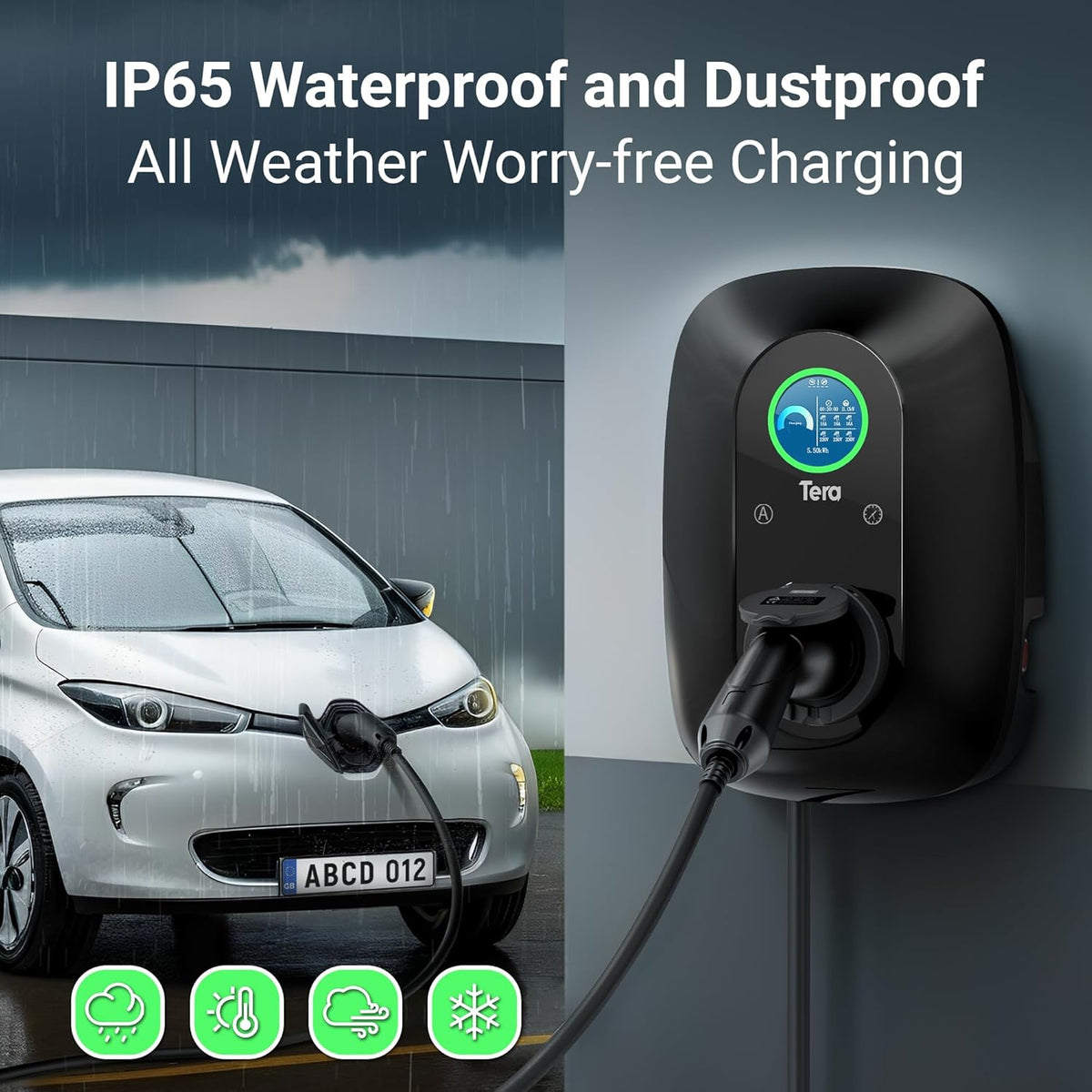 Tera EV-oplader met reservering 16 A, type 2, 11 kW, 400 V, Wallbox CE-gecertificeerd, handmatige stroomregeling, laadplanning voor alle EV-voertuigen, model W03, zwart