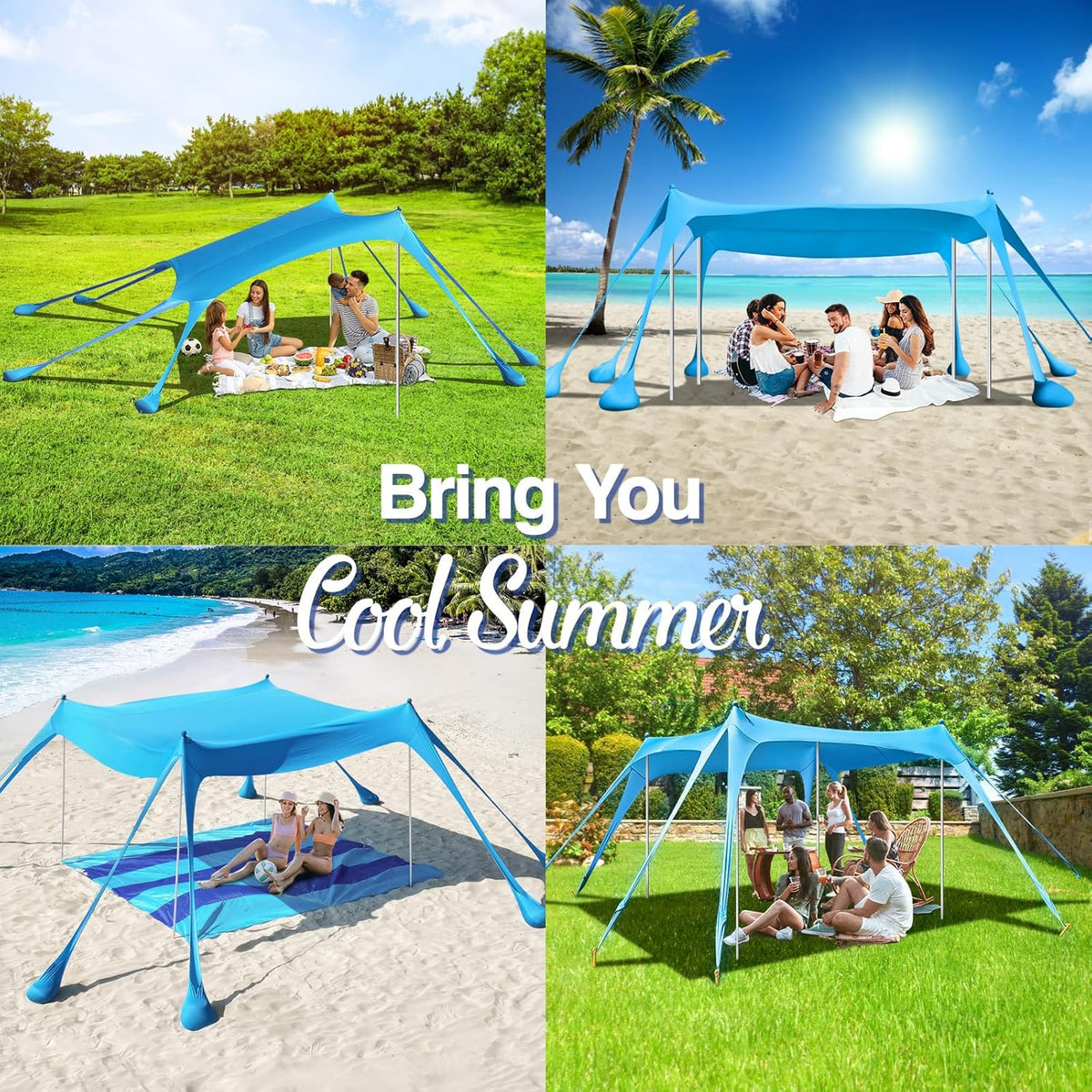 Rhino Valley Strandschelp, strandtent, zonwering UV 50+, windscherm, strandtent, draagbaar zonnezeil, strand voor kamperen, vissen, picknick in de tuin, strand, 30 x 50 m, hemelsblauw