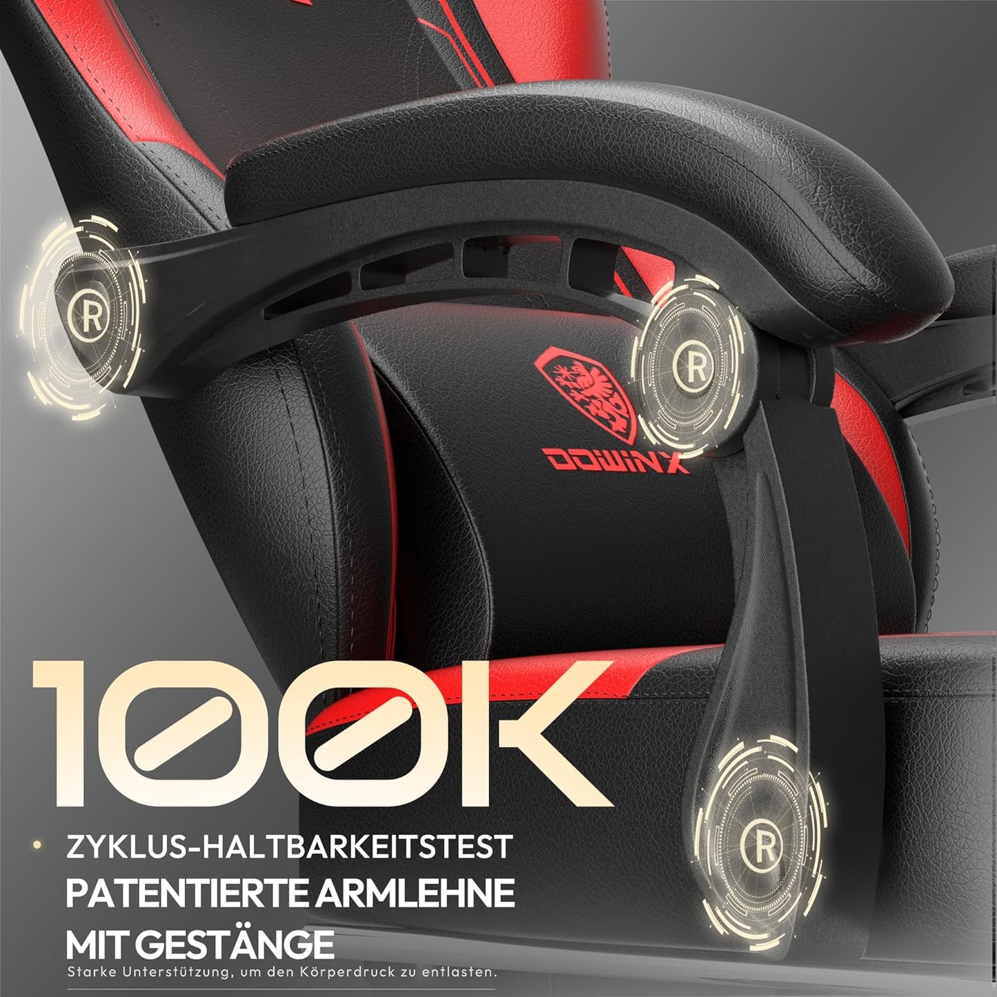 Dowinx Gaming Chair, Ergonomic PU Leather Gamer Chair with Lumbar Support, PC Chair with Widened Backrest, Maximum Load 150 kg, Red - QUORE