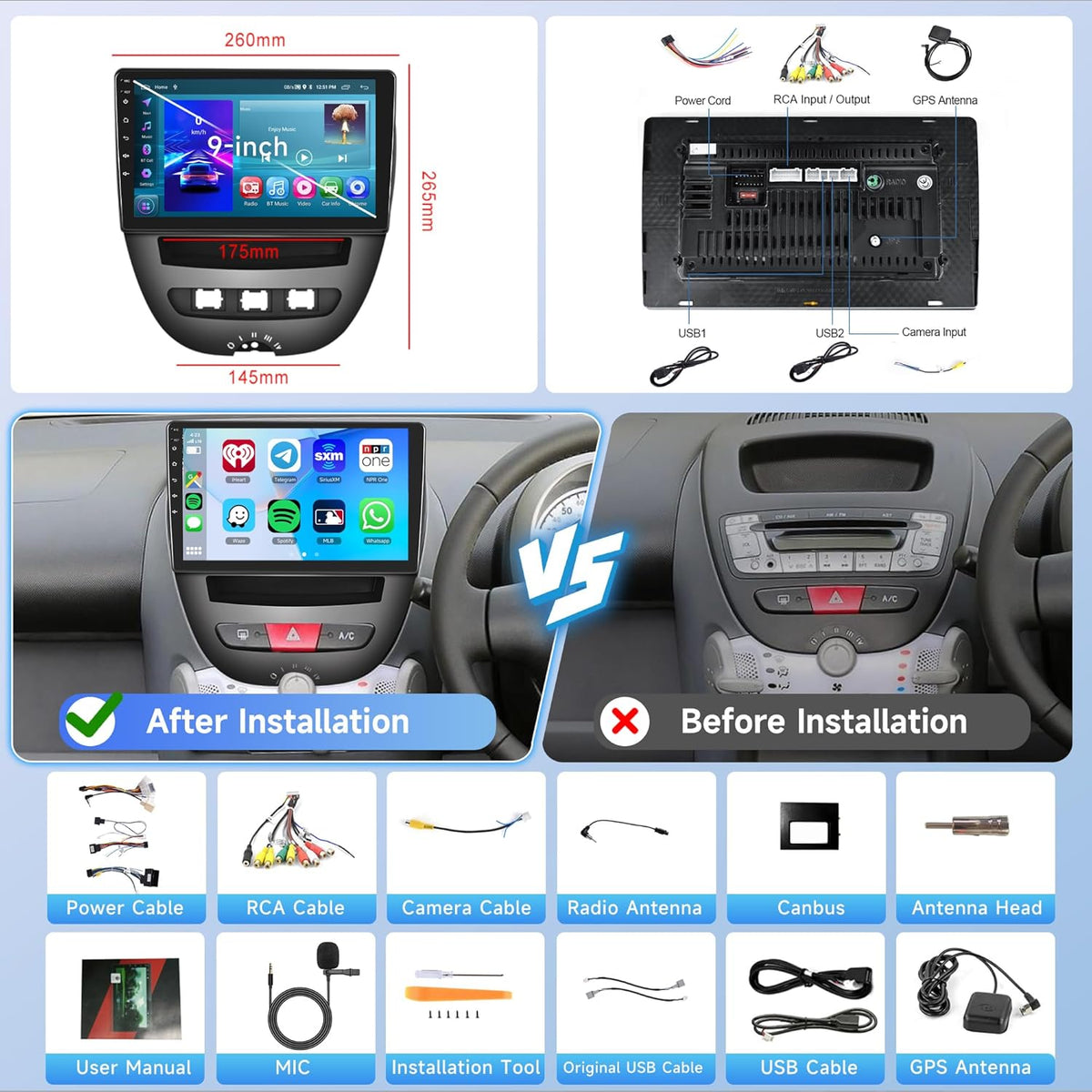 2G+64G Draadloze Carplay Android 13 Autoradio 2 Din voor Toyota Aygo Peugeot 107 Citroƫn C1 2004-2014 10,1 Inch Autoradio met Android Car Navi GPS WIFI Mirror Link FM/RDS/DAB Achteruitkijkcamera