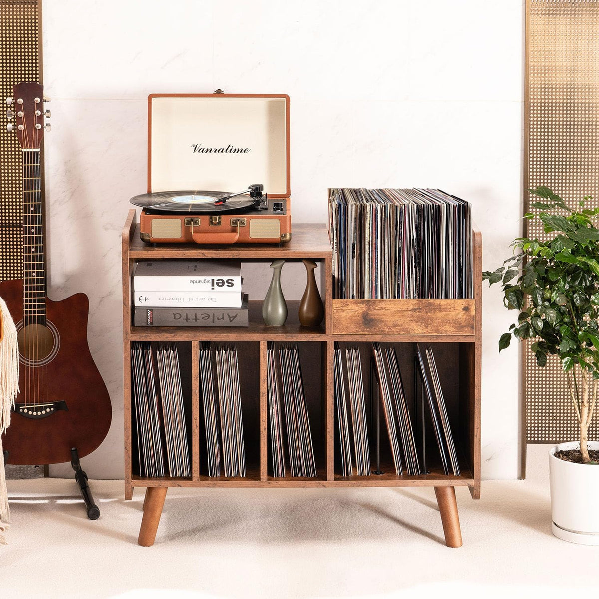 Mid-century Record Player Stand with Vinyl Storage for Up to 350+ Albums, Vinyl Record Cabinet with Adjustable Shelves, Brown