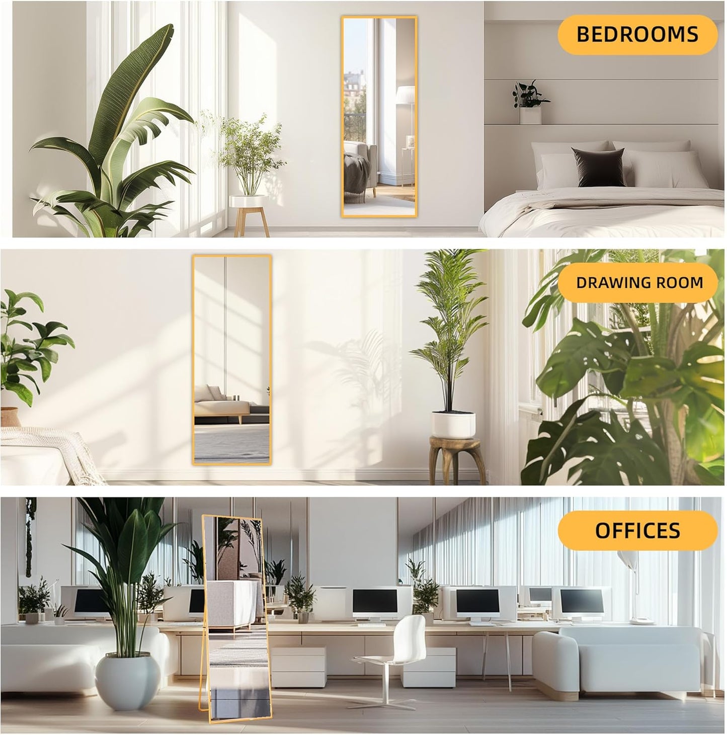 Staande spiegel, 180 x 80 cm, grote full-body spiegel, wandspiegel met goudkleurig metalen frame om tegen te leunen of op te hangen aan de muur, vloerspiegel voor slaapkamer, woonkamer en