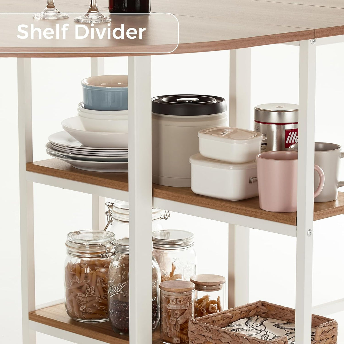 Mondeer Mobile Folding Dining Table, Folding Table with 2 Open Storage Shelves, Round Edges, Small Spaces, Dining Room, Kitchen, 120 x 80 x 75 cm, Oak and White