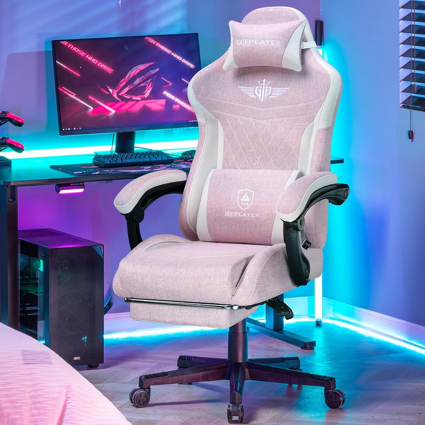 GTPLAYER Ergonomic Linen Gaming Chair with Lumbar Support, Computer Chair with Extended Backrest, Supports up to 150 kg, Pink - QUORE