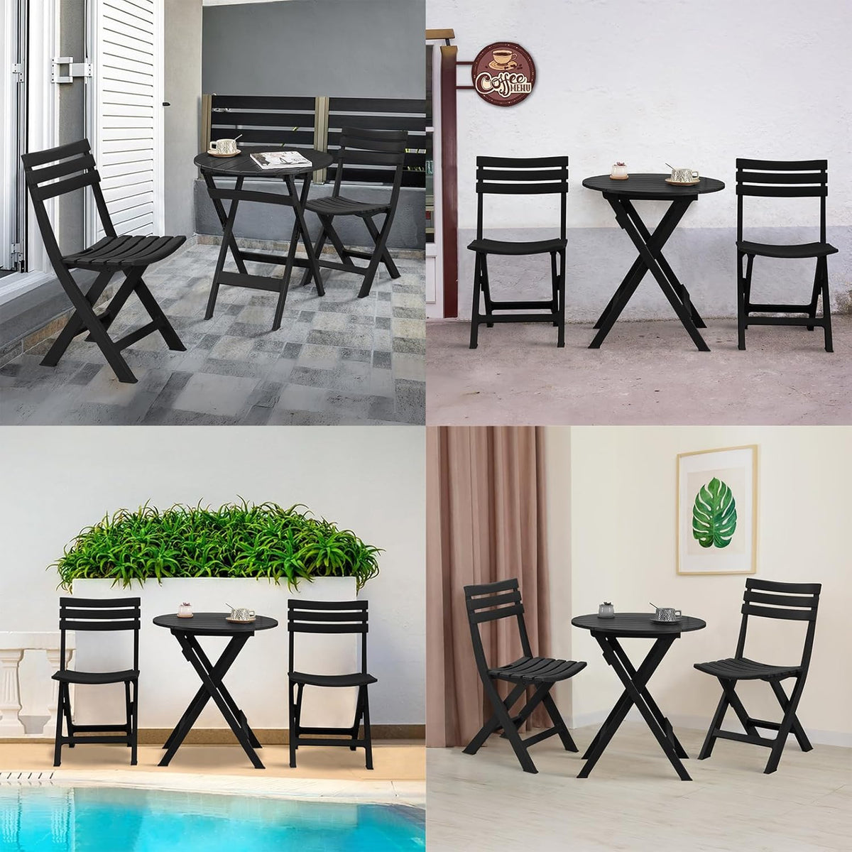 Opvouwbare bistroset, opvouwbare outdoor cafétafel en stoelen voor 2 kleine meubels, 3-delige veranda, achtertuin, balkon, tuin, terras, zwart
