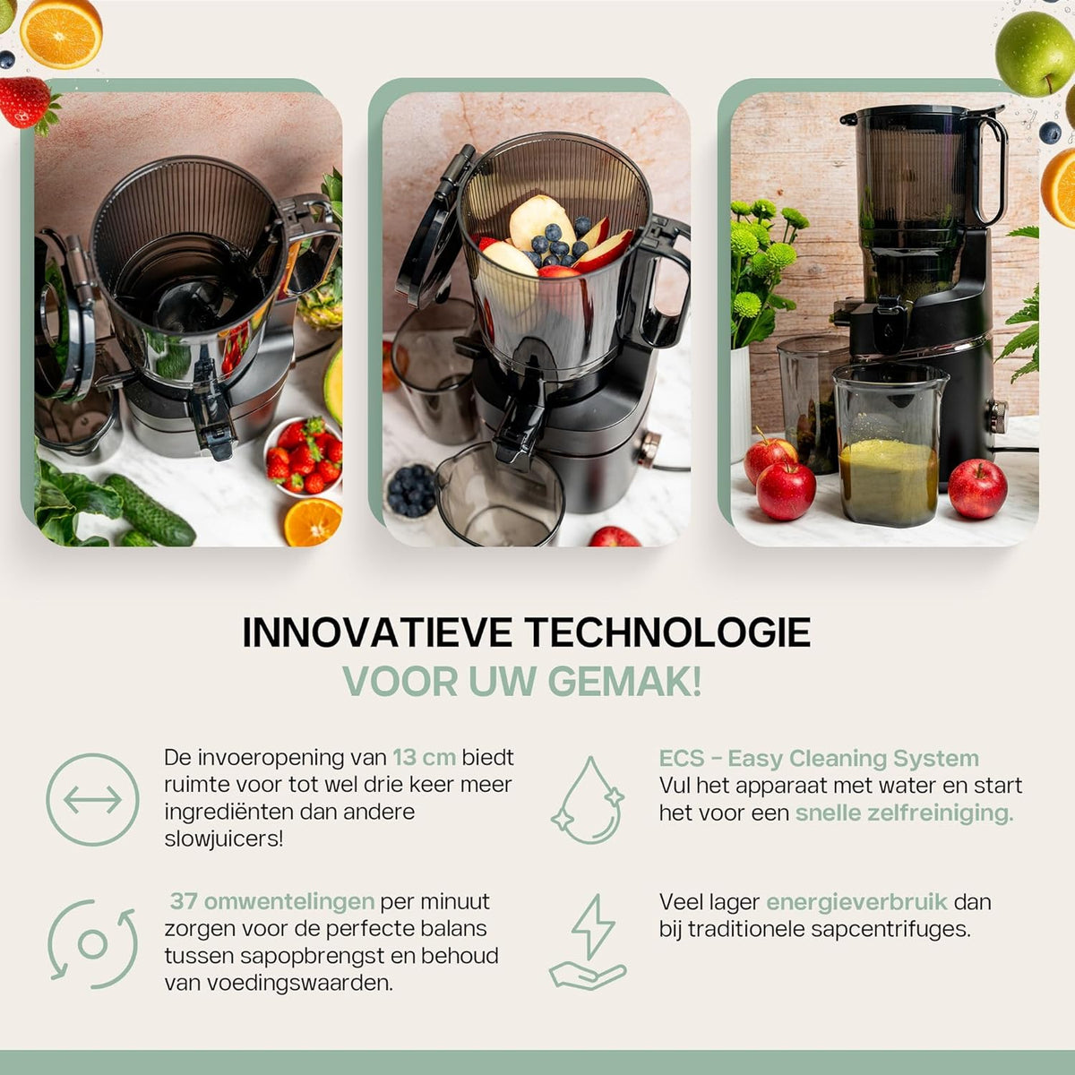 4SWISS Slow Juicer met Grote Opening van 135 mm, Cold Press Juicer Machine 0,5L, Sapcentrifuge met 37 tpm voor het Behoud van Voedingsstoffen, Sapmaker Sap Pers Makkelijk Schoon (WB025)