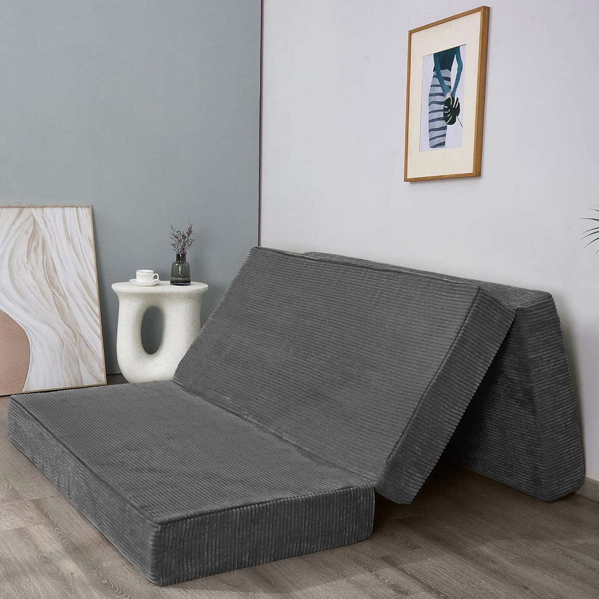 MAXYOYO Vouwmatras van corduroy, drie-laags, 10 cm dik, met wasbare overtrek, drievoudig opvouwbaar, ruimtebesparend voor gasten (antraciet, 150 x 200 cm)