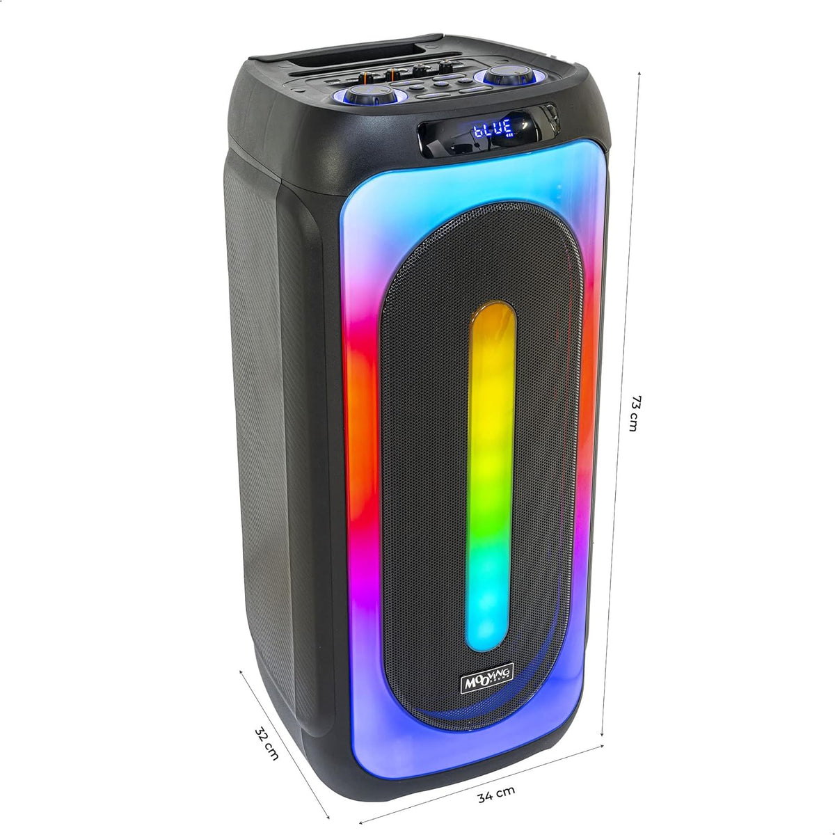 Mooving Sound - MS-MAGICSOUND1000-2x10"/1000W batterij gevoede luidspreker met lichteffect aan de voorzijde en 2 draadloze microfoons - Bluetooth/USB/AUX/MicroSD en TWS - Zwart