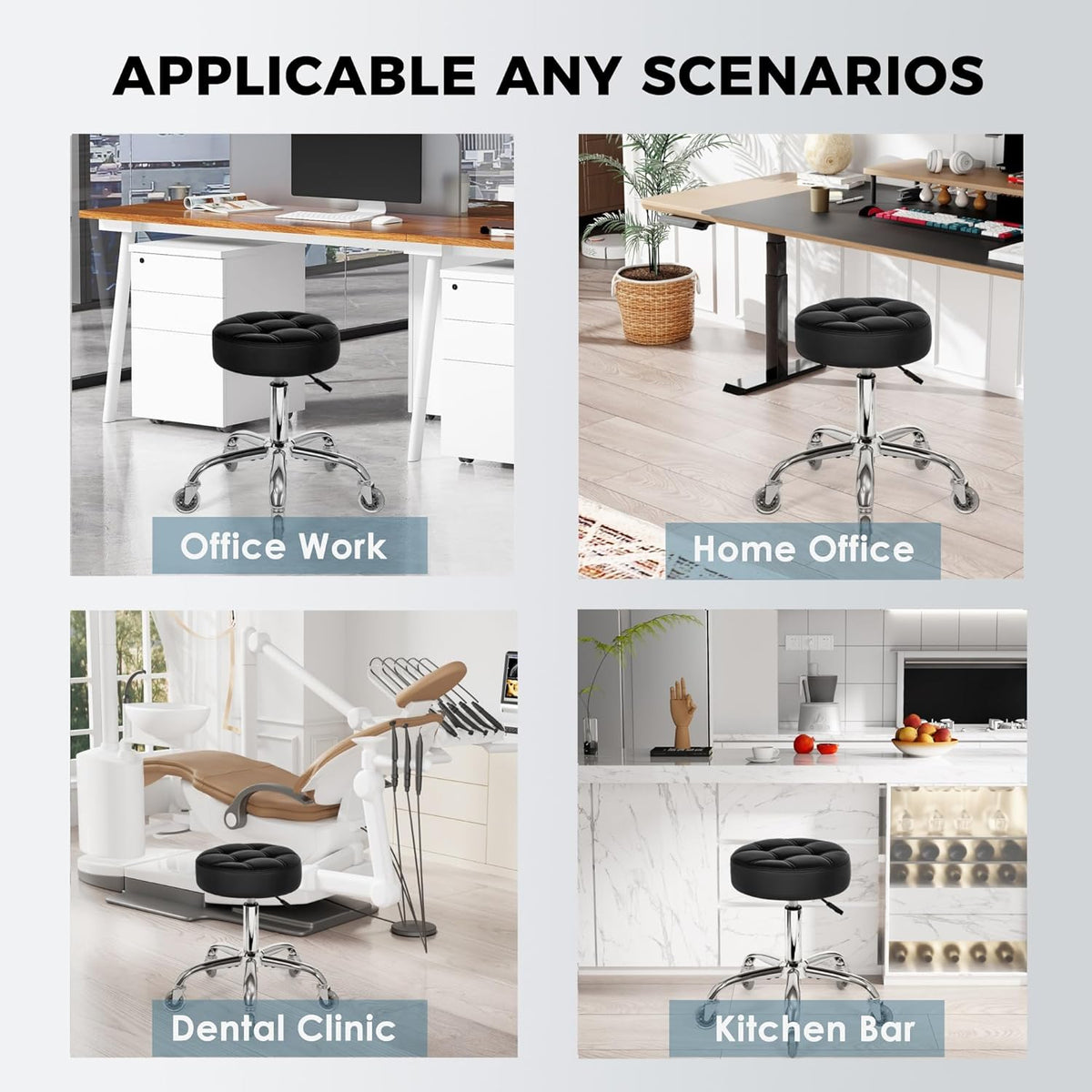 BEWISHOME Rollende stoel met wielen, heavy duty PU lederen stoel, brede dikke zitting, padding kruk voor schoonheidssalon, spa, klinisch, 360° draaibare verstelbare stoel, gewicht 100 kg, zwart