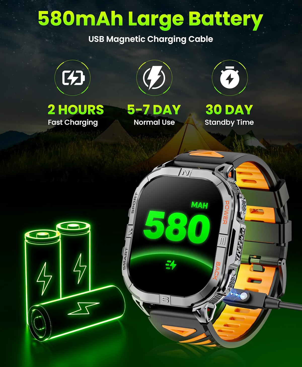 Militair smartwatch voor heren, robuust GPS-horloge met LED-zaklampkompas, 2,15 inch AMOLED slimme horloges (oproepen beantwoorden/bellen), 3ATM waterdichte fitnesstracker met hartslag/slaap voor