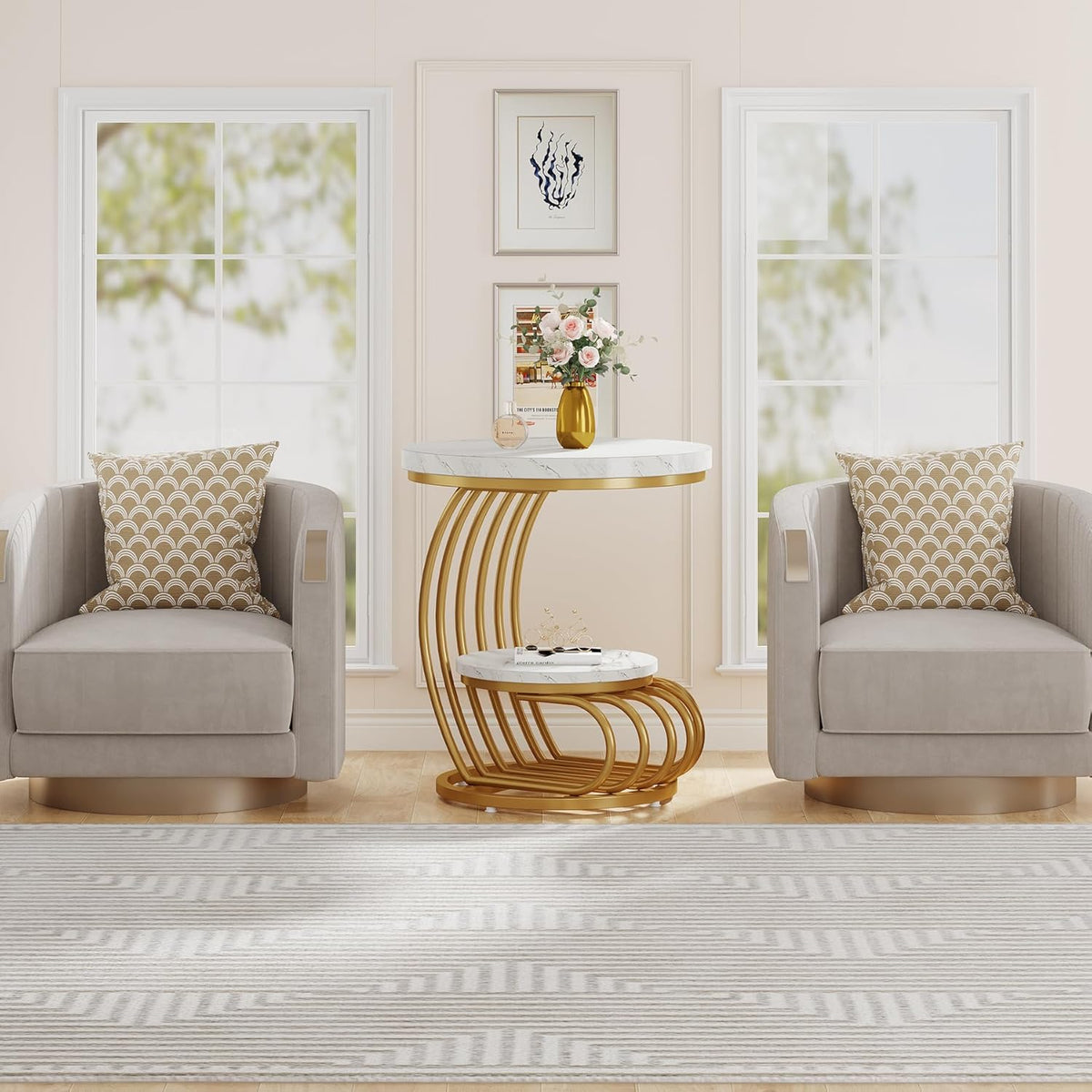 Tribesigns Golden Round Side Table: 2-stage side table in set of 2 with storage compartment, modern bedside table in white gold, accent table made of metallic imitation marble for the living room (1 pc.)