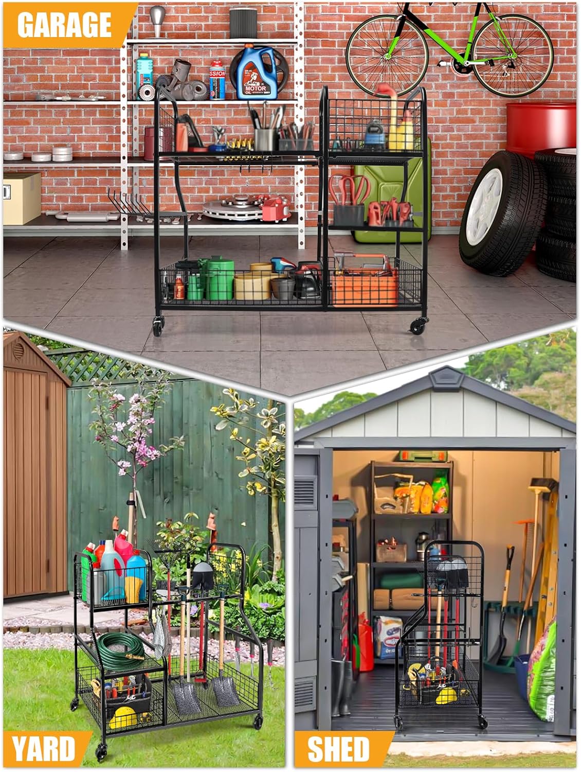 Kalolary Garden Tool Storage Organizer voor Garage, 3 Laags Opberghouder Gereedschap met Wielen, Groot Tuingereedschaprek met Extra Opbergmand voor Tuin/Schuur/Garage/Tuin/Kelder/Gazon
