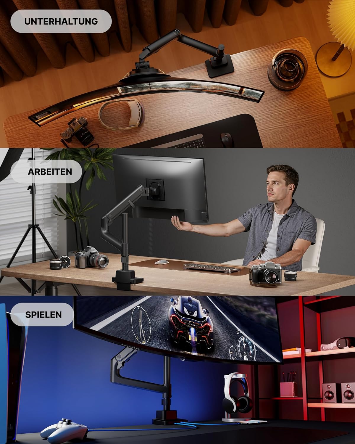 monTEK Zware Enkele Monitorarm voor 17-57 inch Schermen tot 27 KG, Gasveer Dubbele Gebogen Verstelbare Monitorstandaard voor Bureau, 75/100mm VESA-bevestiging met USB, Zwart