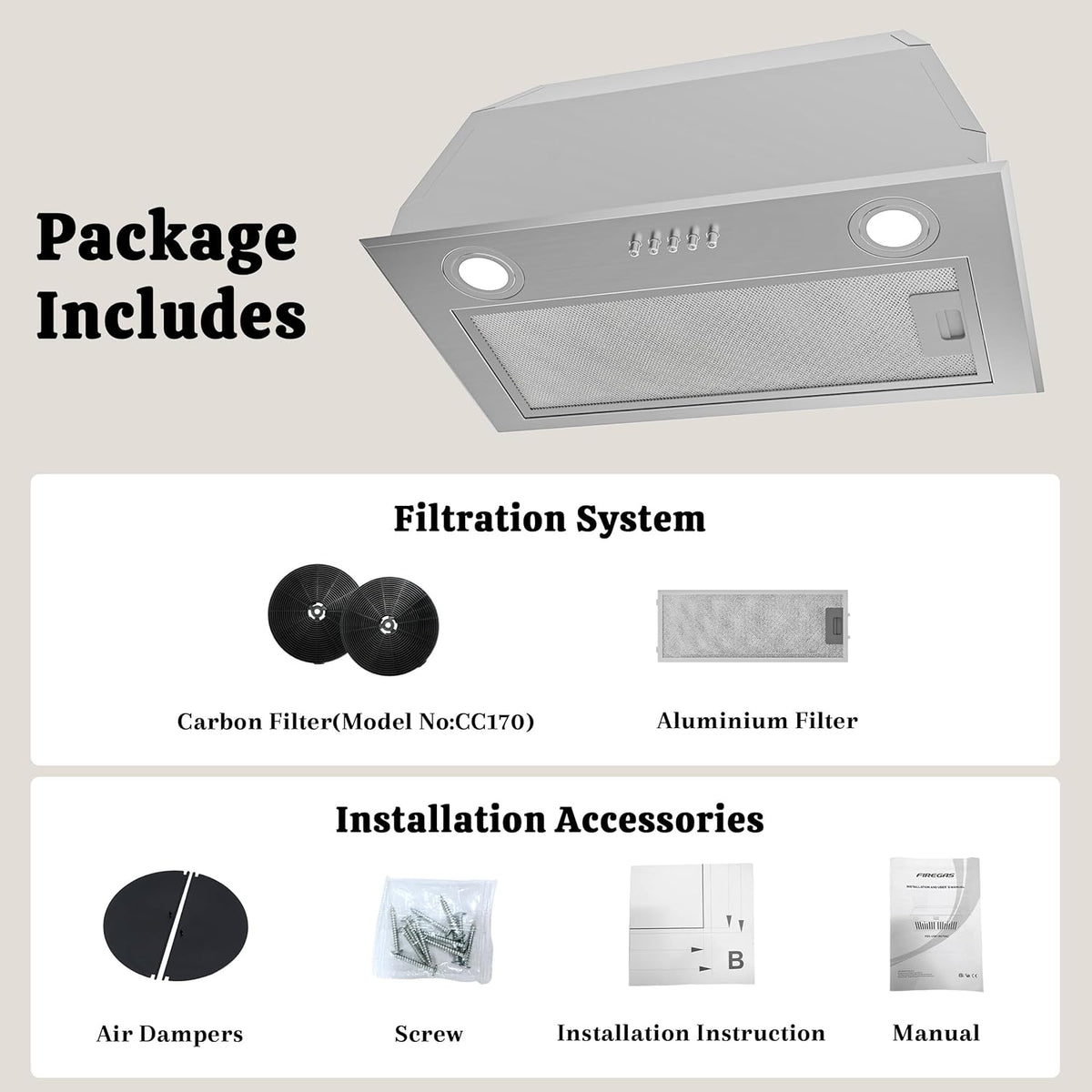 FIREGAS Afzuigkap 52 cm Inbouw Onderbouw, 650 m³/h, 3 Snelheden, LED Verlichting, Krachtige Motor, Aluminium & Koolstoffilter, RVS – Voor Afvoer of Recirculatie