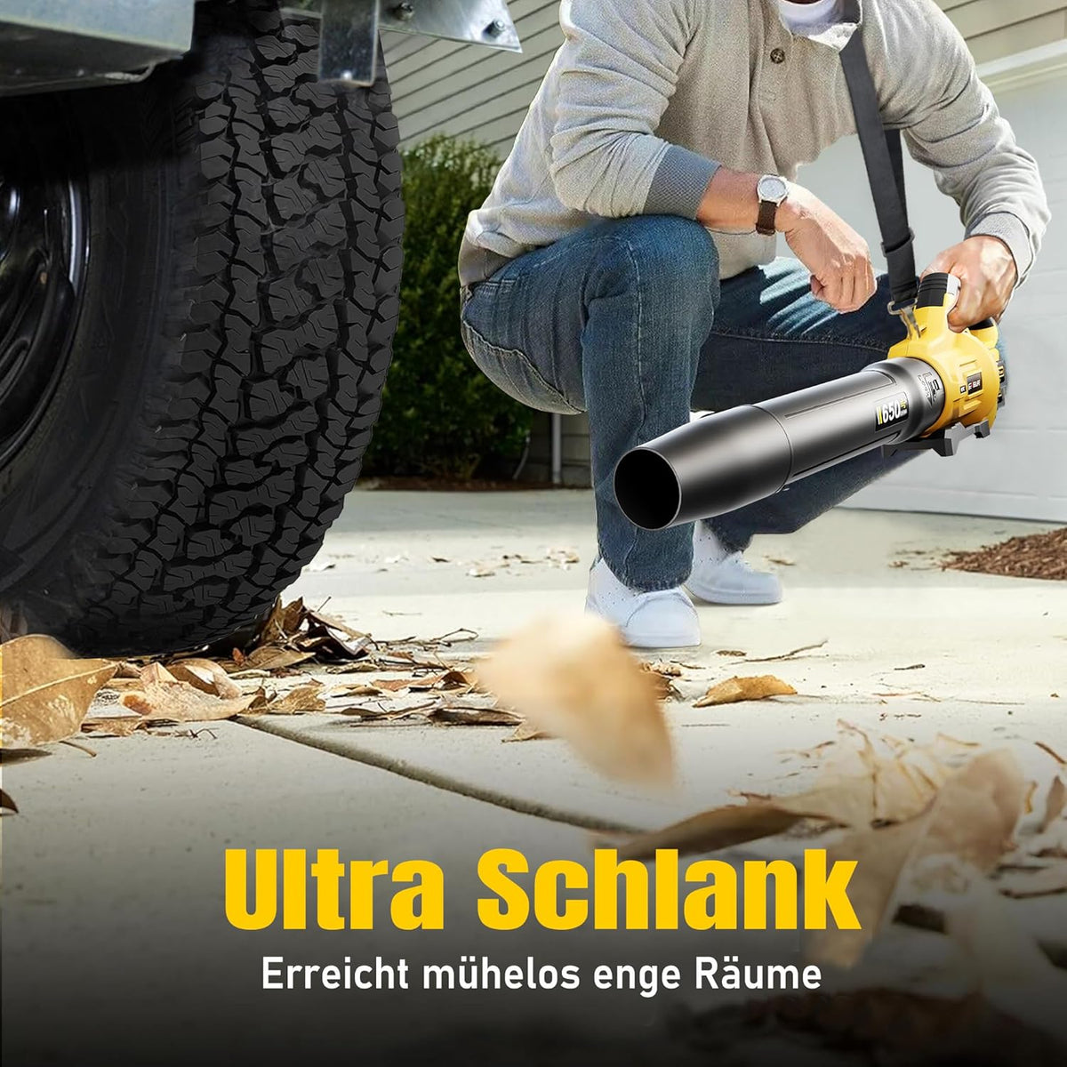 GEVEELIFE Accu-bladblazer, 18 V, 257 km/u, elektrische bladblazer met 3 versnellingen en 2 x 5,2 Ah accu's, draadloze bladblazer voor tuin, bladeren, stof en sneeuw (inclusief batterij), geel
