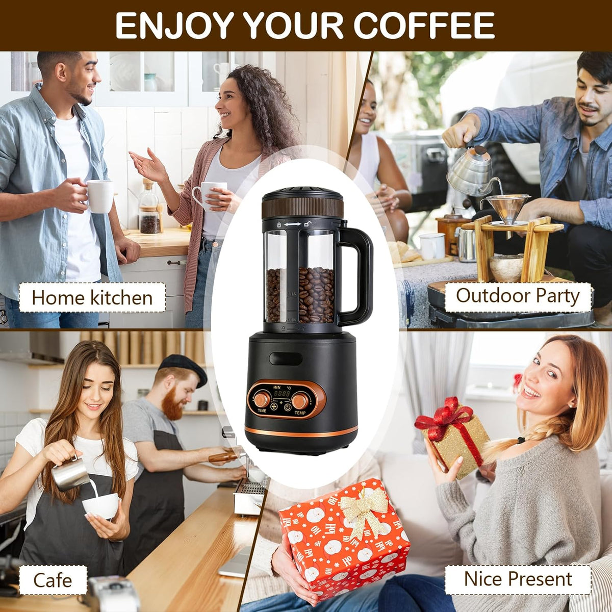 Koffiebrander met hete lucht, 200 g, 2200 W, automatische roostermachine voor koffiebonen, gedeelde koffiebonen, timer en timer traploos regelbaar, ideaal voor thuis en café