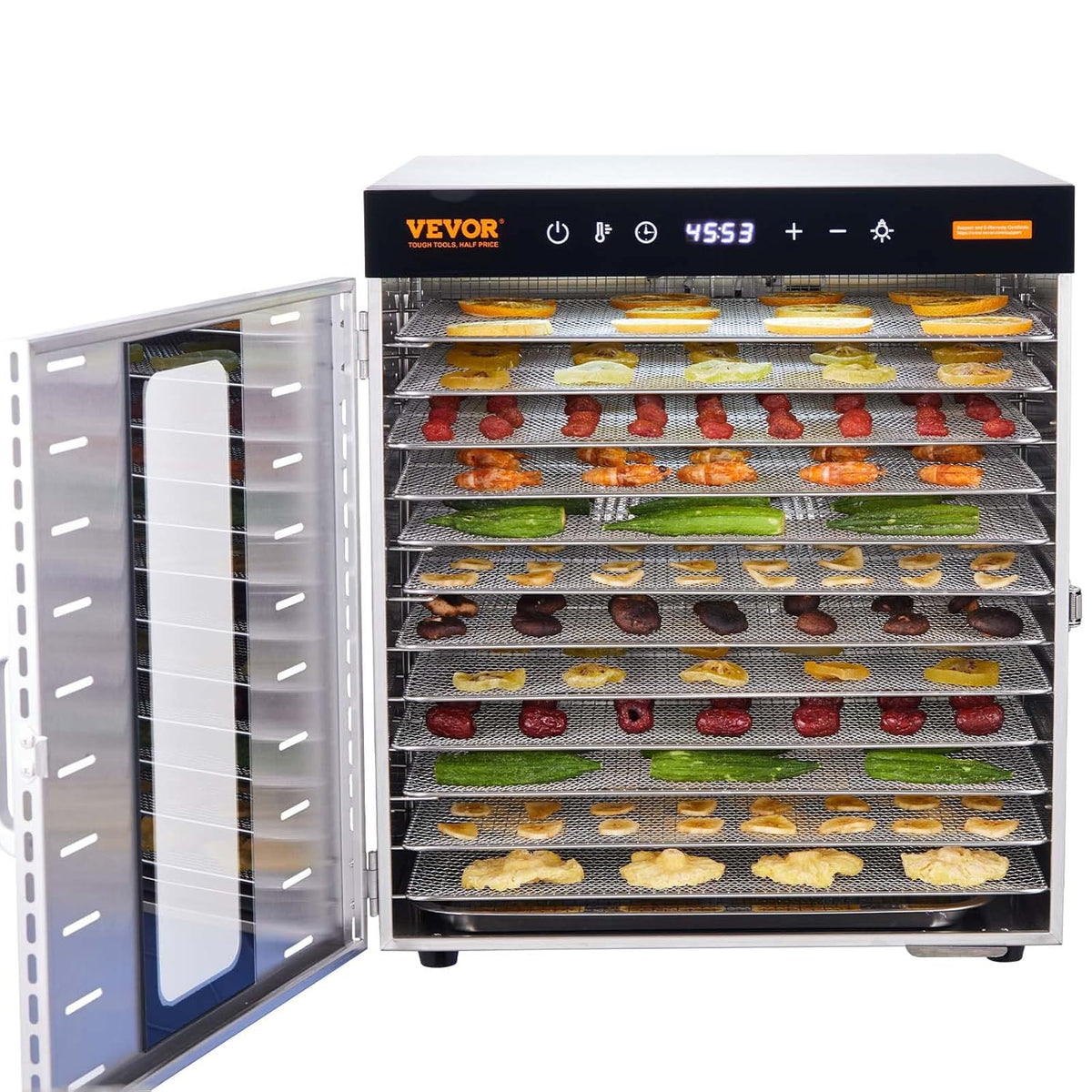 VEVOR Voedseldroger met 10 vakken, roestvrij staal, 1000 W, elektrisch, voor groenten en fruit, instelbare temperatuur van 30 tot 90 °C, timer, 0,5-48 uur, voor kruiden, vlees