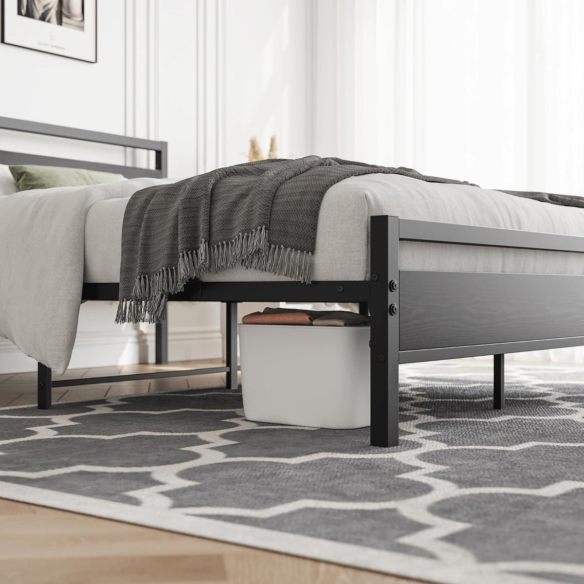 HOJINLINERO 4ft6 dubbele bedframes met houten hoofdeinde, metalen platform bedframe, dubbele bedbodem, geen boxspring nodig, matrasstichting, industriële verbeterde stalen latten ondersteuning voor